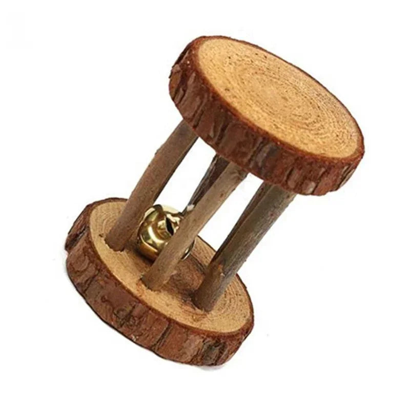 Cute Small Pet Chew Toy Natural Pine Wood Roller Dumbbell Unicycle With Bell Molar Play Toy For Rabbit Guinea Pig Rat Enrichment Supplies