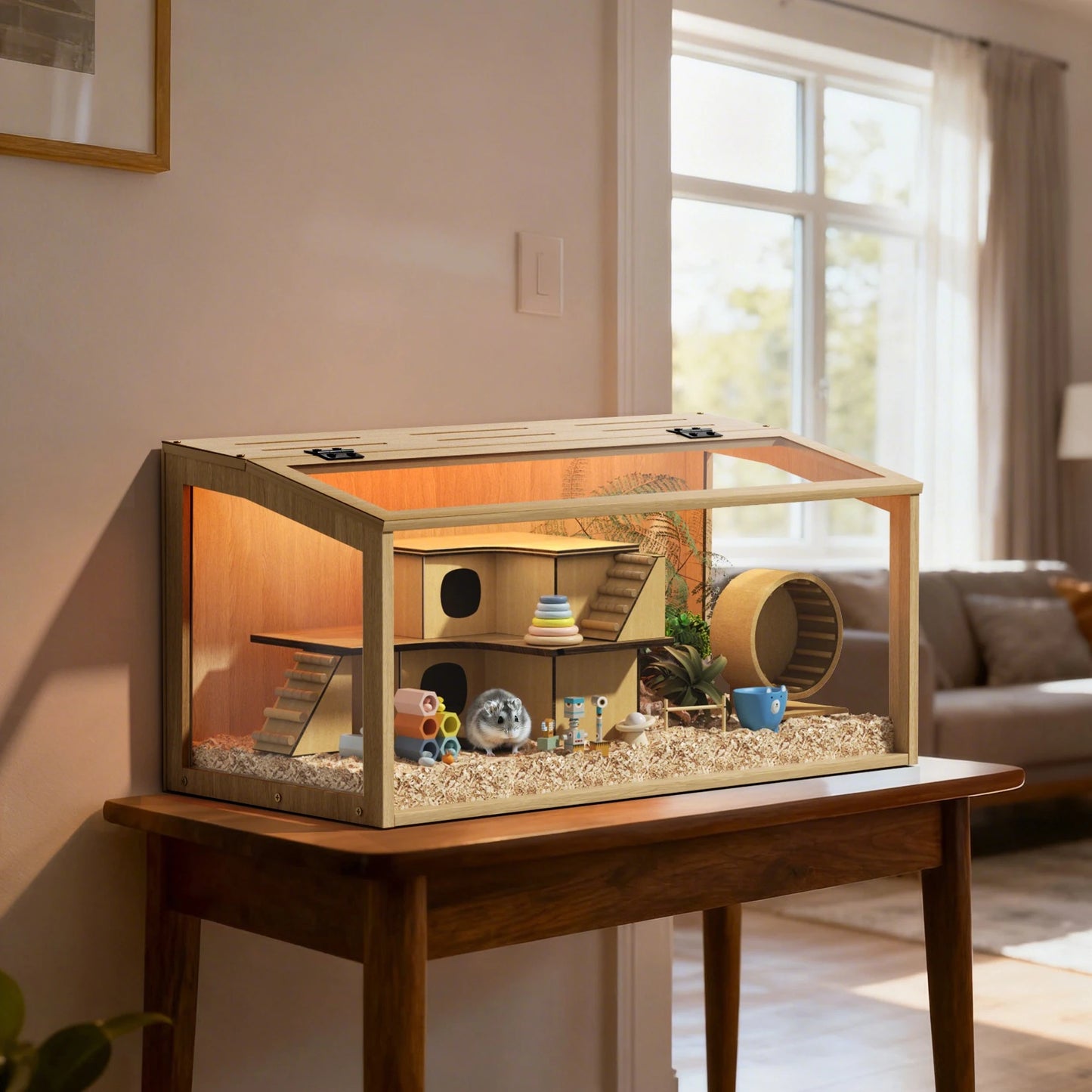 Large Wooden Hamster Cage Clear Tempered Glass Pet Small Animal Habitat Cage Playful Hutch House Built-in LED Light