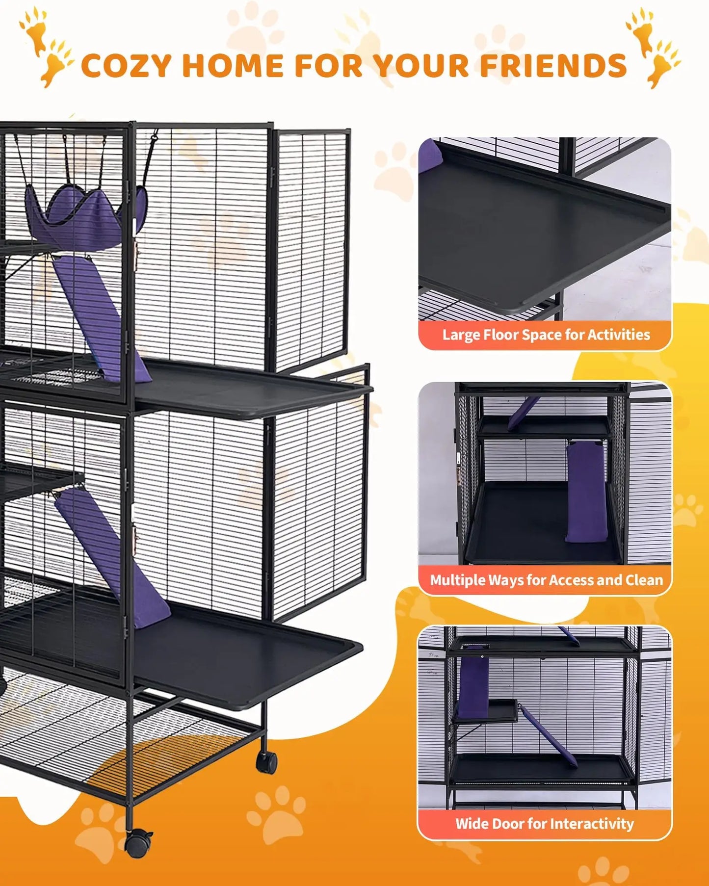 Large 4-Tier Metal Ferret Cage, 64" H Small Animal Habitat with Ramp, Hammock, Storage Stand & Removable Tray, Heavy-Duty Easy Clean Cage for Chinchilla, Sugar Glider, Hamster, Rat