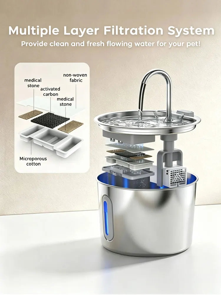 Stainless Steel Cat Water Fountain - 2.2L/74oz Cat Drinking Fountain Quiet Cat Fountain for Indoor Cats and Small Dogs, Automatic Pet Water Dispenser Keeps Fresh Water