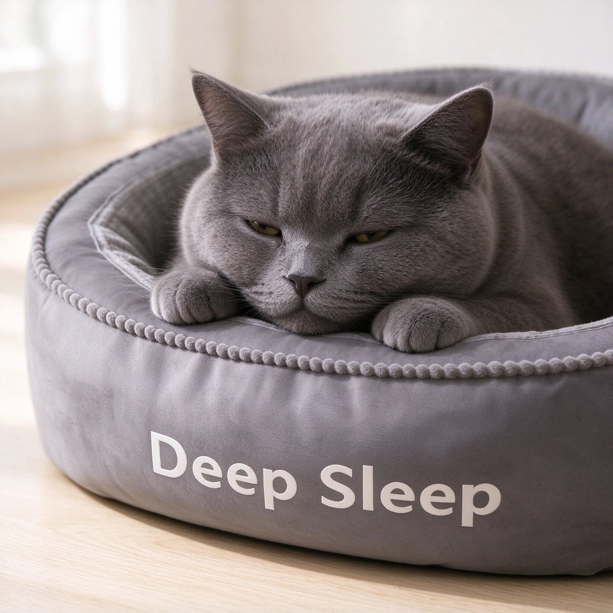Round Donut Cat Bed, Deep Sleep Calming Cat Cushion with Raised Rim, Non Slip Bottom PetSleeping Bed for Kitten Adult Cats, Indoor Bedroom Living Room Use, Multiple Sizes