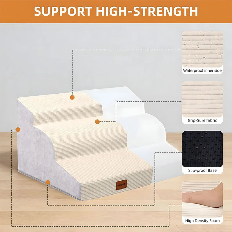 3/4/5 Steps Curved Pet Stairs 22.6/19.75/15.7 Inches High Access Ramp for Cat/Dog Suitable for Bed/Sofa/Car Non-slip Pet Steps High-density Foam Grey/Beige Suitable for Injured and Elderly Pets Comes with A Washable Cover and