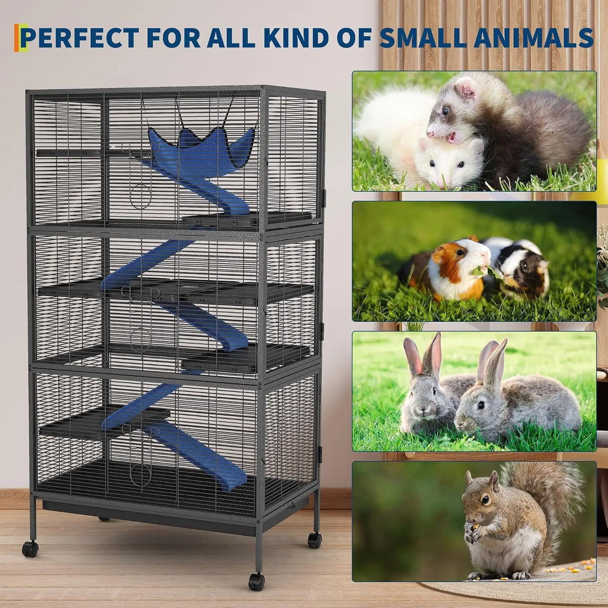 58" Large Ferret Nation Cage – Metal Multi-Level Small Animal Cage with Hammock & 7 Removable Platforms for Sugar Gliders, Guinea Pigs, Chinchillas, Rabbits