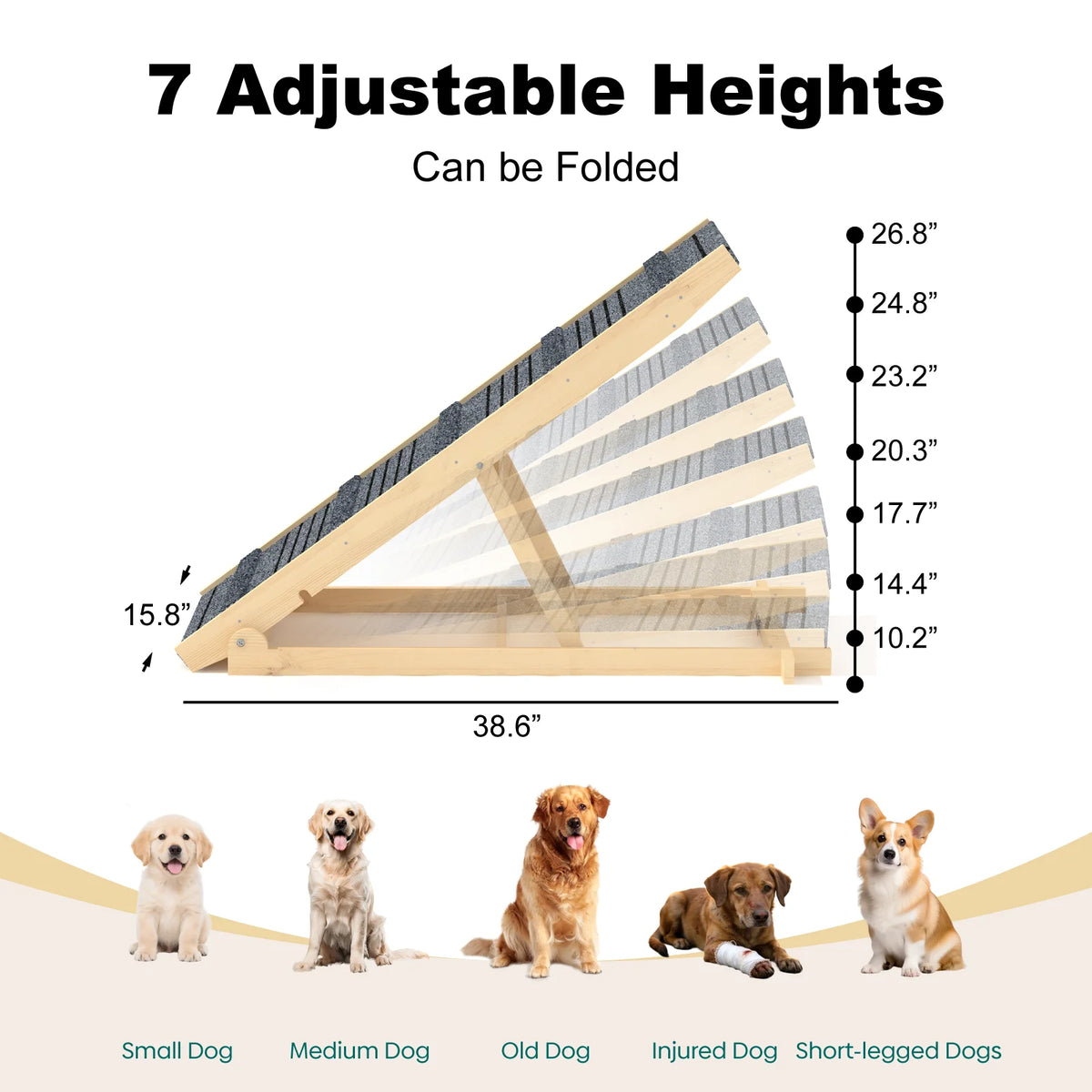 7-Height Adjustable Dog Ramp for Bed, Solid Wood Folding Pet Ramp with Anti-Slip Carpet Surface, No Assembly, Supports 150 lbs