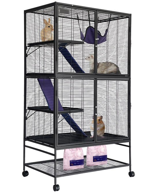 Large 4-Tier Metal Ferret Cage, 64" H Small Animal Habitat with Ramp, Hammock, Storage Stand & Removable Tray, Heavy-Duty Easy Clean Cage for Chinchilla, Sugar Glider, Hamster, Rat