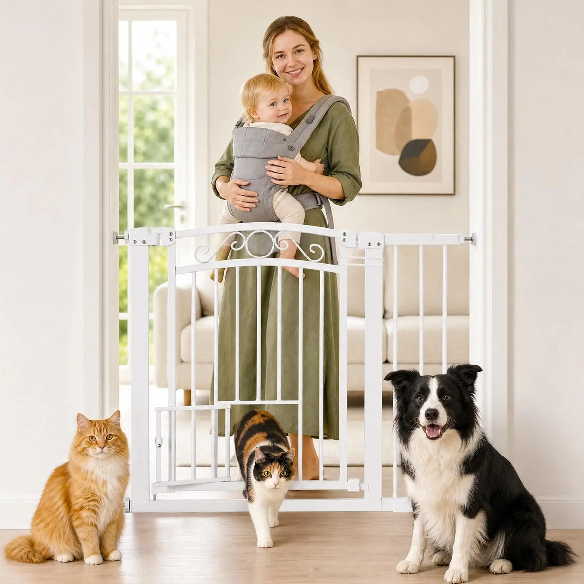30-41 Inch Pressure Mount Dog Gate, 30in Tall Auto-Close Pet Gate, Double Lock Walk-Through Steel Barrier For Doorways & Stairs