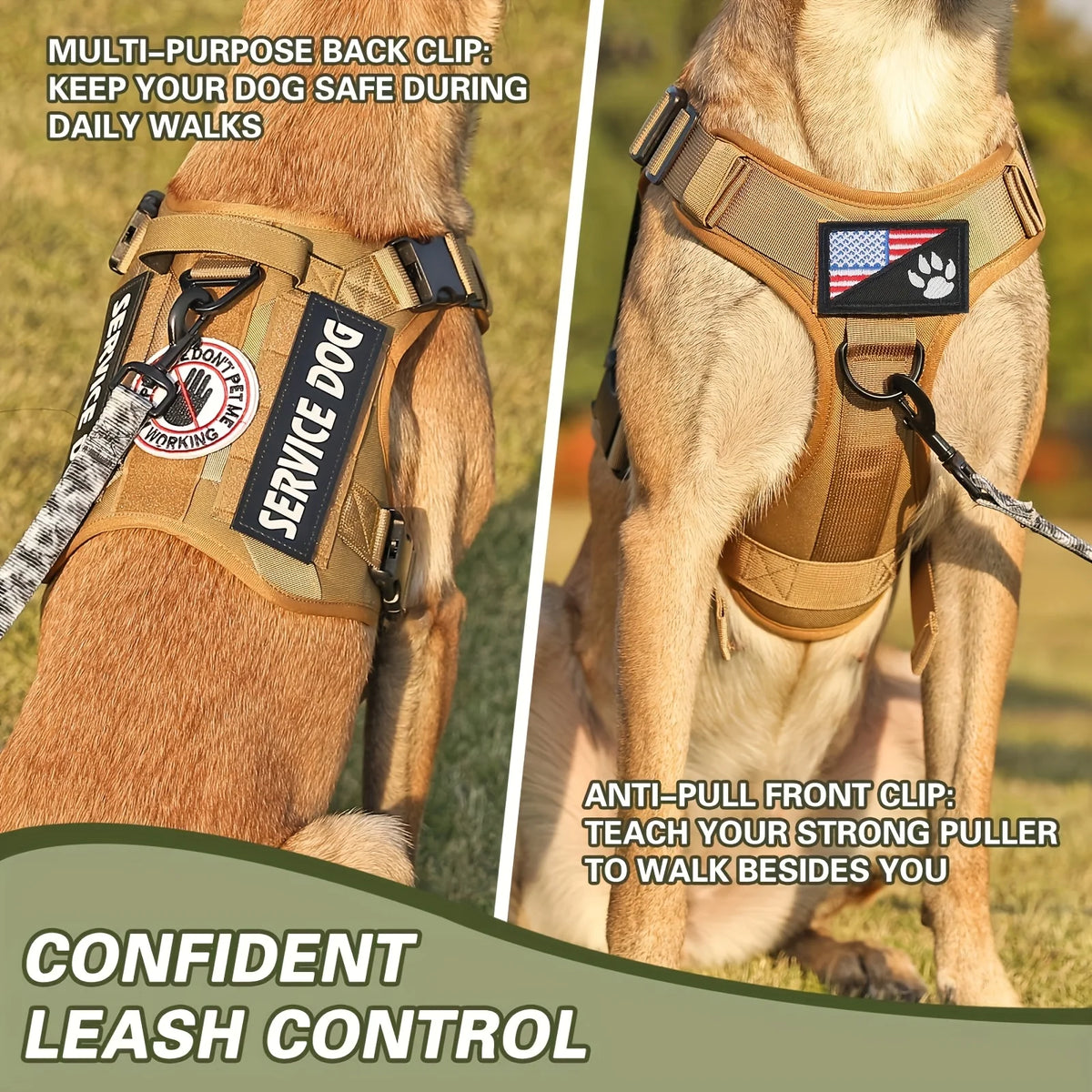 Adjustable Tactical Dog Harness Vest with Reflective Straps Metal D Rings and Breathable Padding