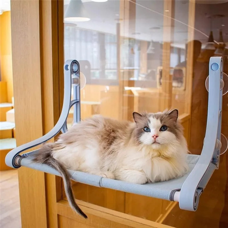 1Pc Blue Cordless Cat Window Perch Hammock with 4 Strong Suction Cups Sturdy Frame Soft Removable Double Fabric Cushion Cover Safe Comfort Window Bed for Indoor Cats