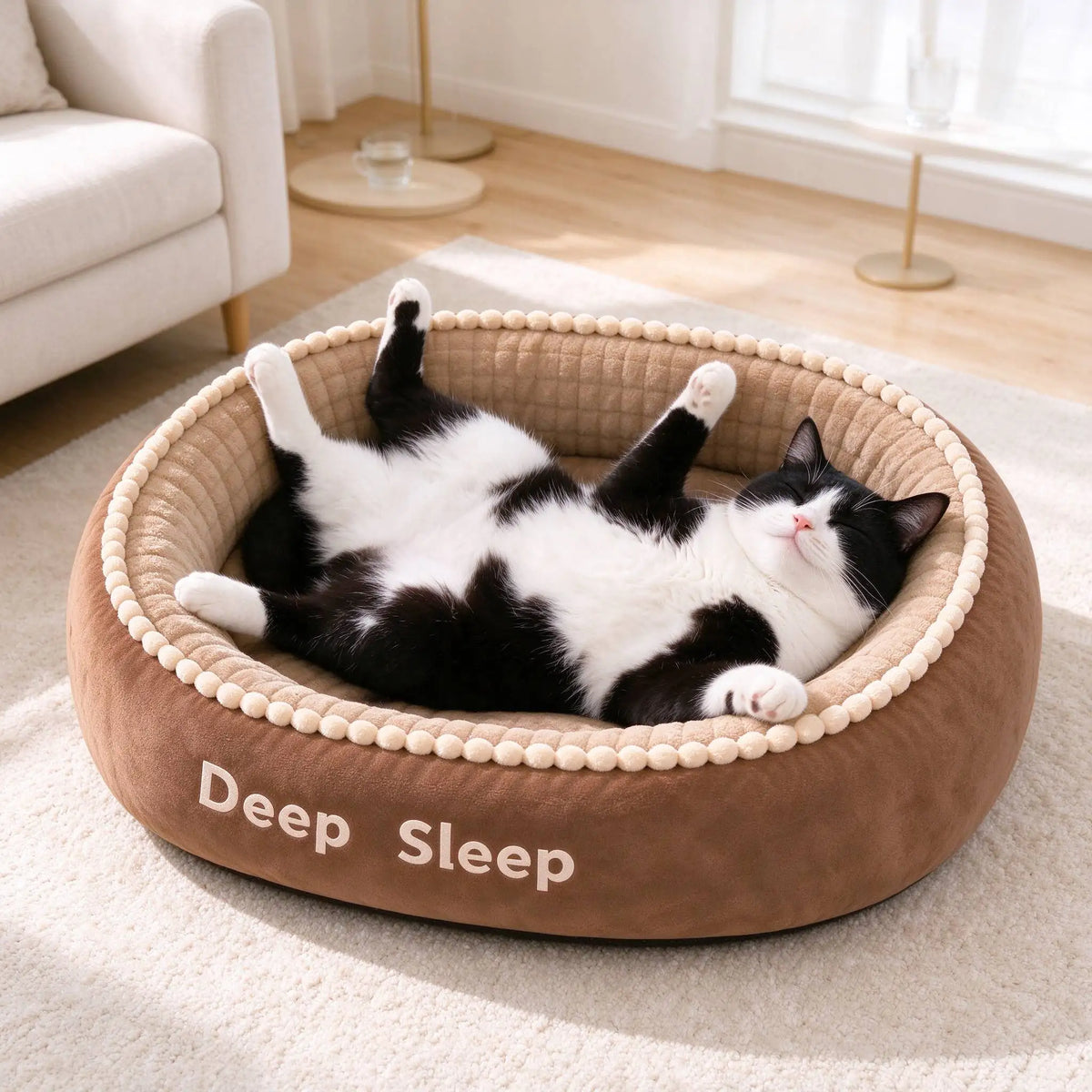 Round Donut Cat Bed, Deep Sleep Calming Cat Cushion with Raised Rim, Non Slip Bottom PetSleeping Bed for Kitten Adult Cats, Indoor Bedroom Living Room Use, Multiple Sizes