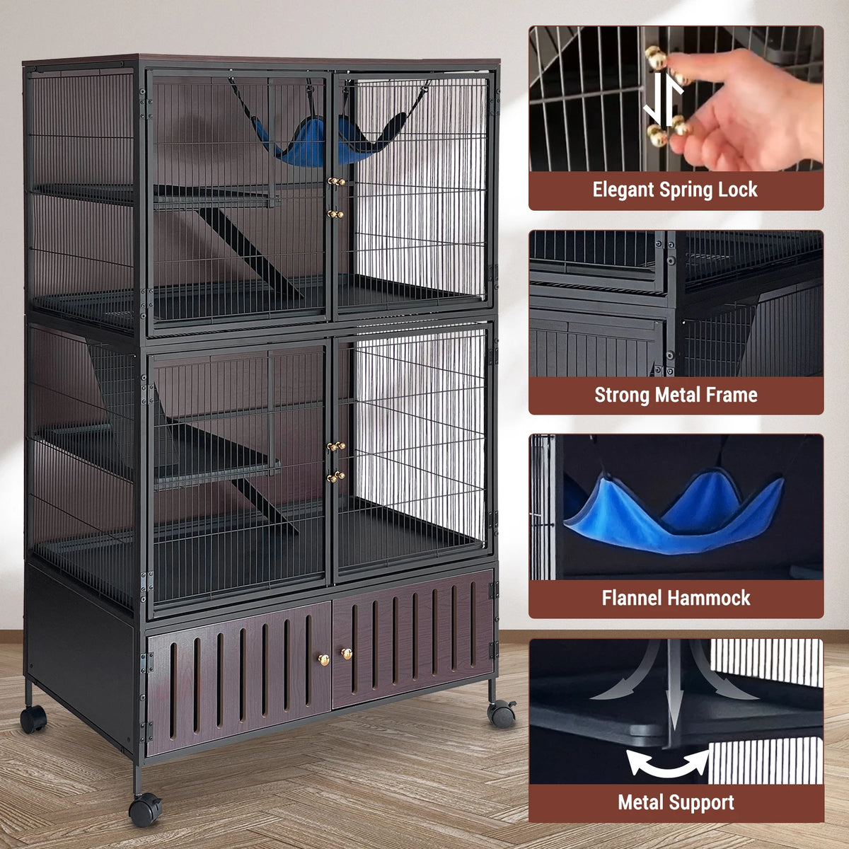 Spacious 5-Level Ferret Cage with Locker - 59"H Rolling Pet House for Guinea Pigs, Rabbits, Chinchillas, and More - Includes Removable Ramps, Double Doors, Hammock, Trays, Black