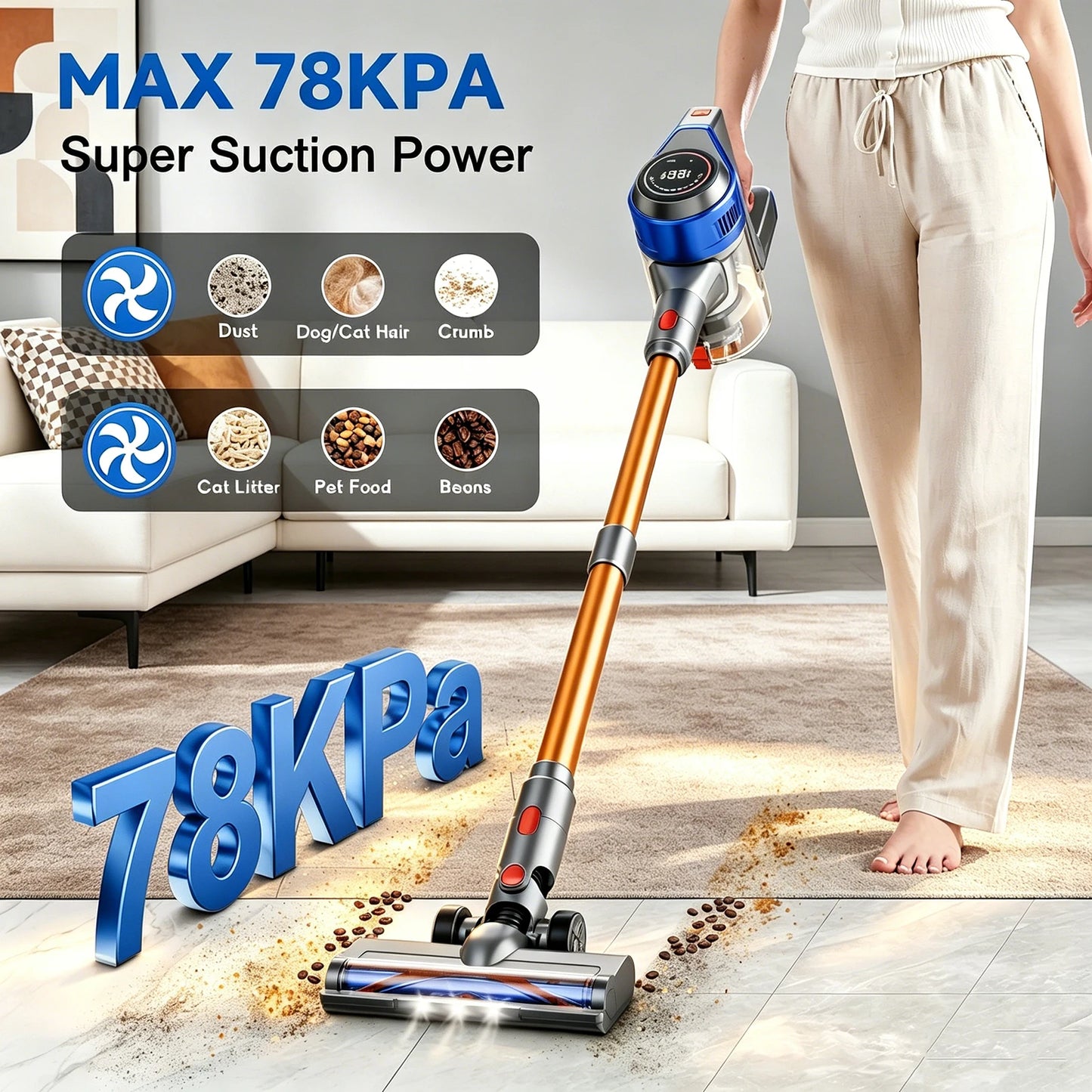 Honki 78KPA Cordless Vacuum Cleaner with LED High Power Strong Suction Wet and Dry Handheld Vacuum Cleaner for Pet Hair Carpet