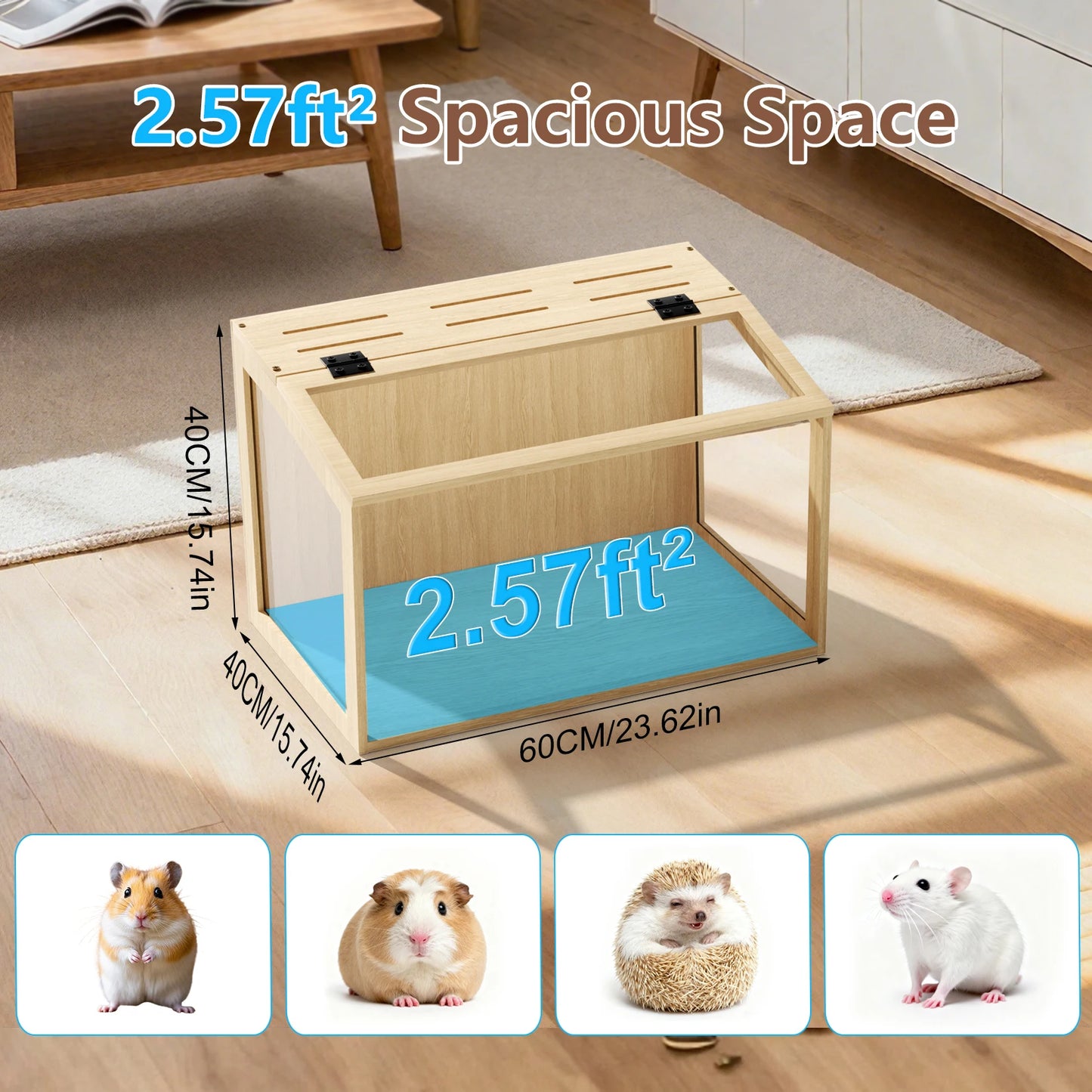 Large Wooden Hamster Cage Clear Tempered Glass Pet Small Animal Habitat Cage Playful Hutch House Built-in LED Light