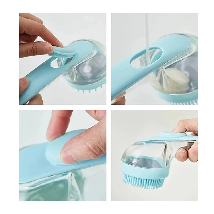Pet Bath Brush with Shampoo Dispenser for Dogs Cats, Long Handle Soft Silicone Gentle Massage Brush, One Press Soap Dispensing Pet Grooming Bathing Tool