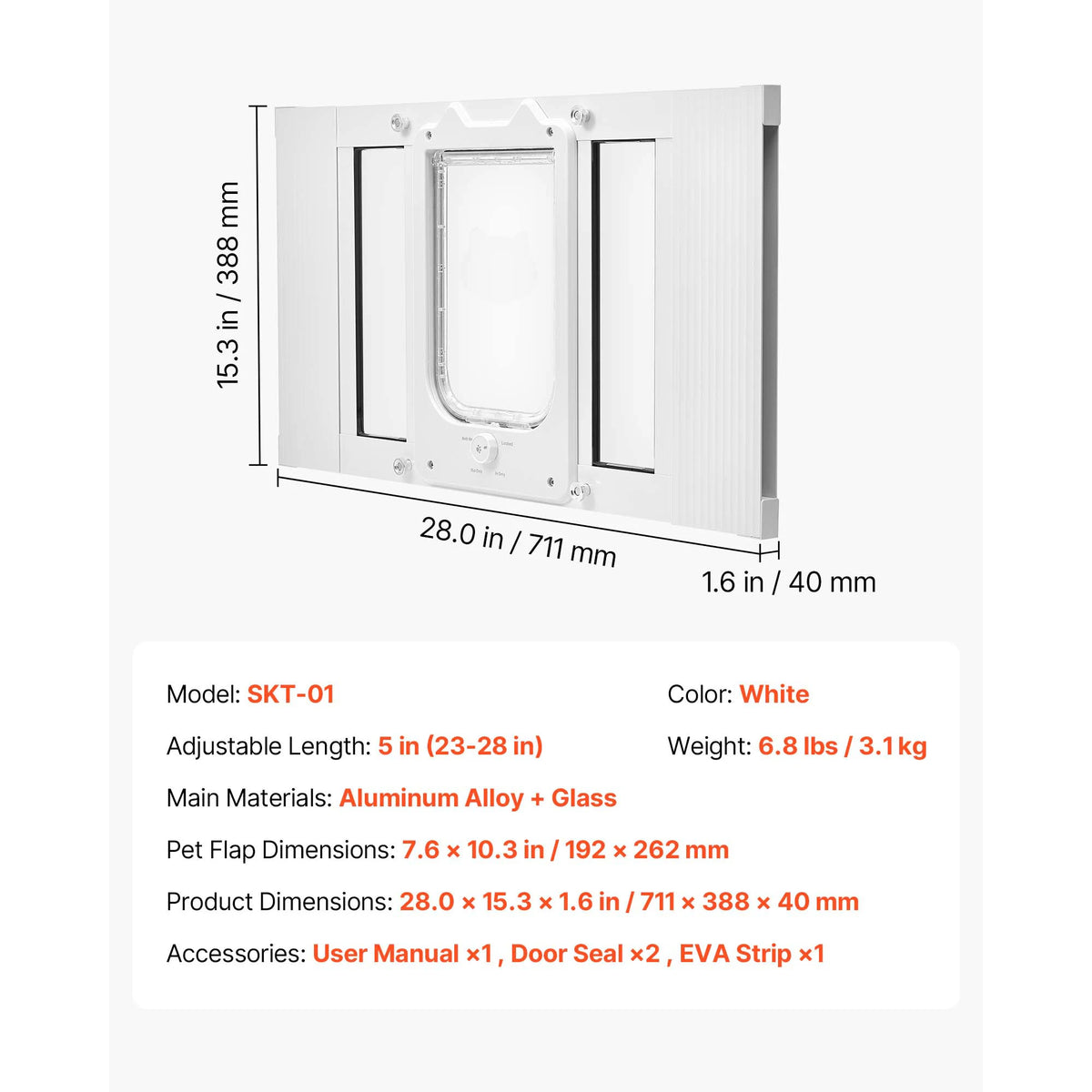SucceBuy Cat Door for Window Adjustable to Fit Window Width 23"-28" 4 Secure Lock Modes Magnetic Closure Pet Door for Cats White
