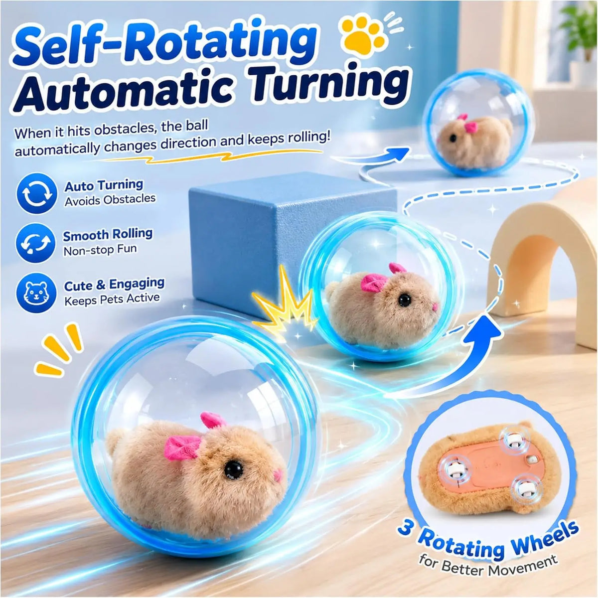 Self‑Rotating Obstacle Avoid Electric Cat Toy Ball, Battery Powered Transparent Interactive Plush Rabbit Rolling Pet Ball for Cats Small Dogs Indoor Exercise