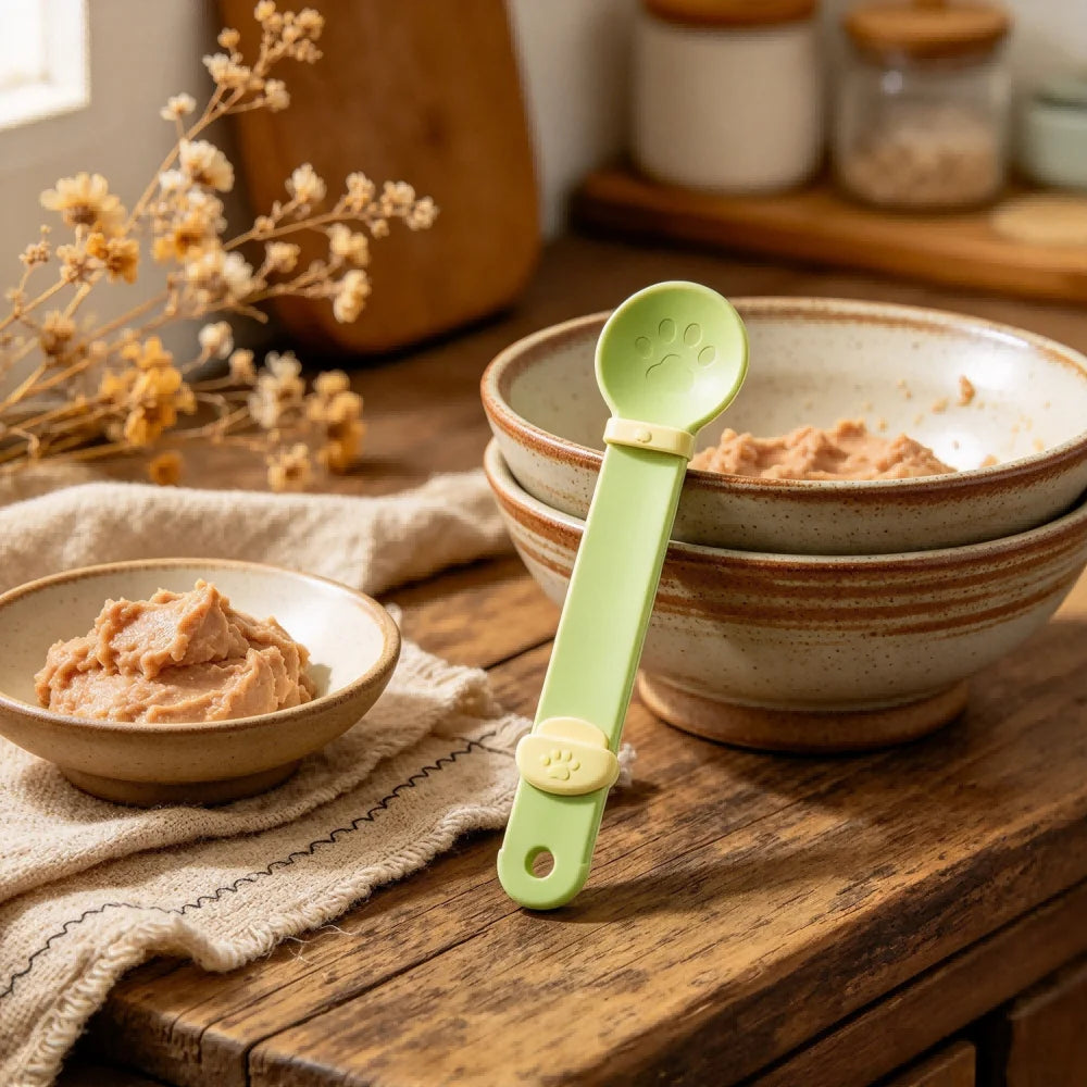1 Pcs Cat Strip Feeding Spoon, Cat Treat Spoon with Paw Print Design, Chew-Resistant Silicone Tip, Detachable Easy Clean Pet Feeding Tool