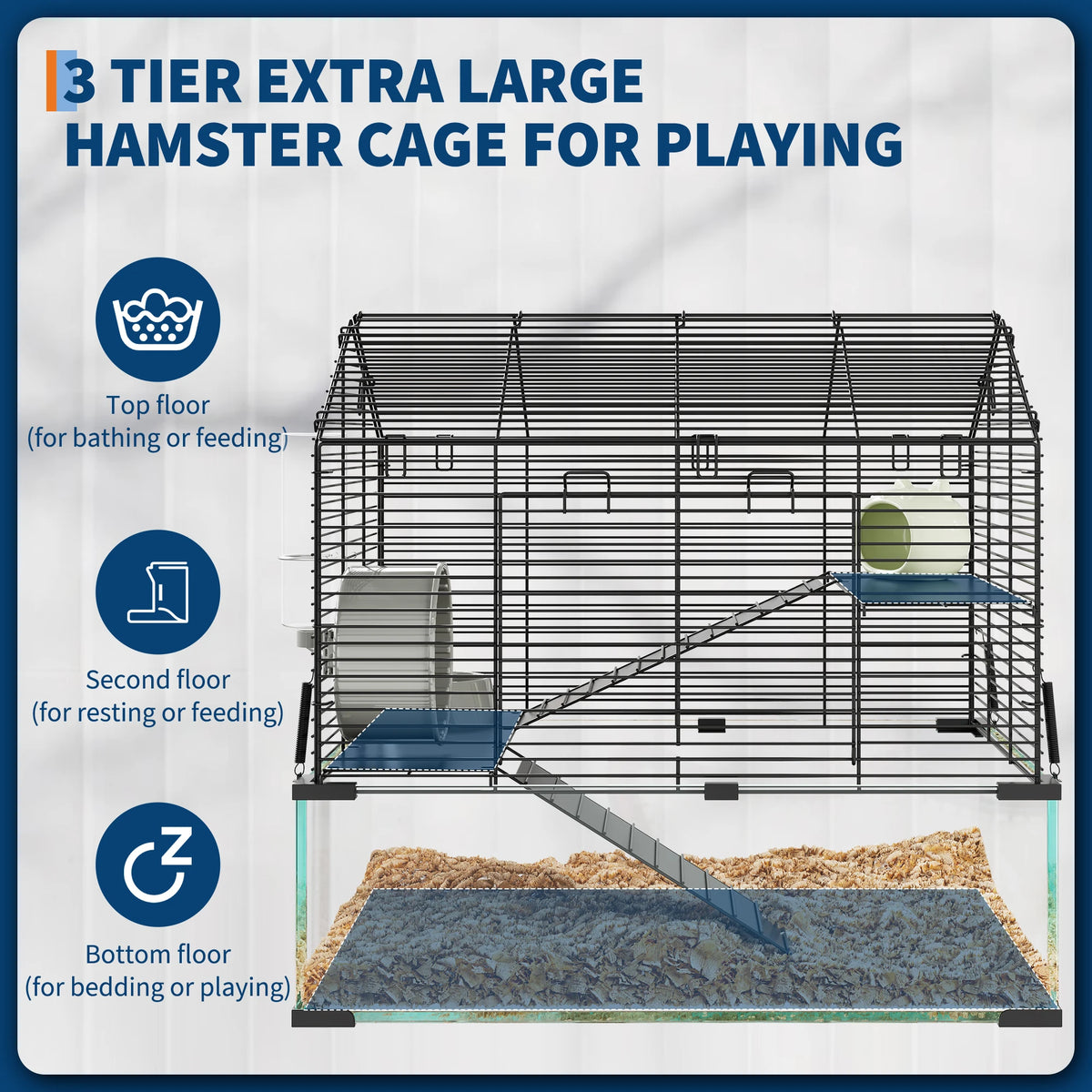 Large Hamster Cage, 3-Tier Gerbil Cages with Running Wheel, Water Bottle, Food Bowl, Ramps, Portable Hamster House with 7 in Deep Glass Bottom for Syrian, Dwarf Hamster, Gerbils
