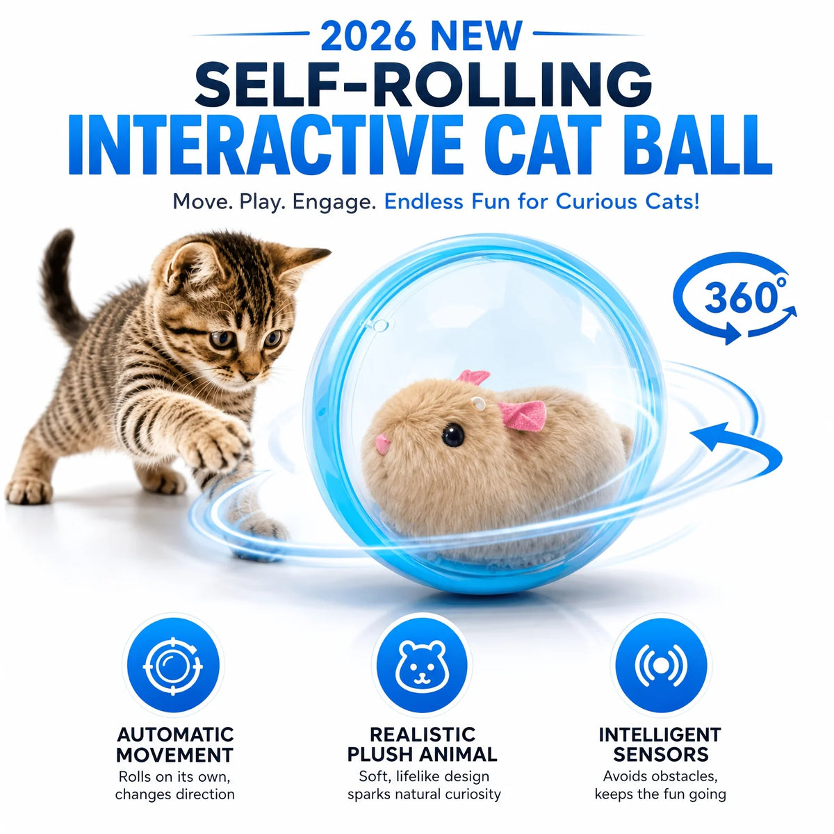 Self‑Rotating Obstacle Avoid Electric Cat Toy Ball, Battery Powered Transparent Interactive Plush Rabbit Rolling Pet Ball for Cats Small Dogs Indoor Exercise