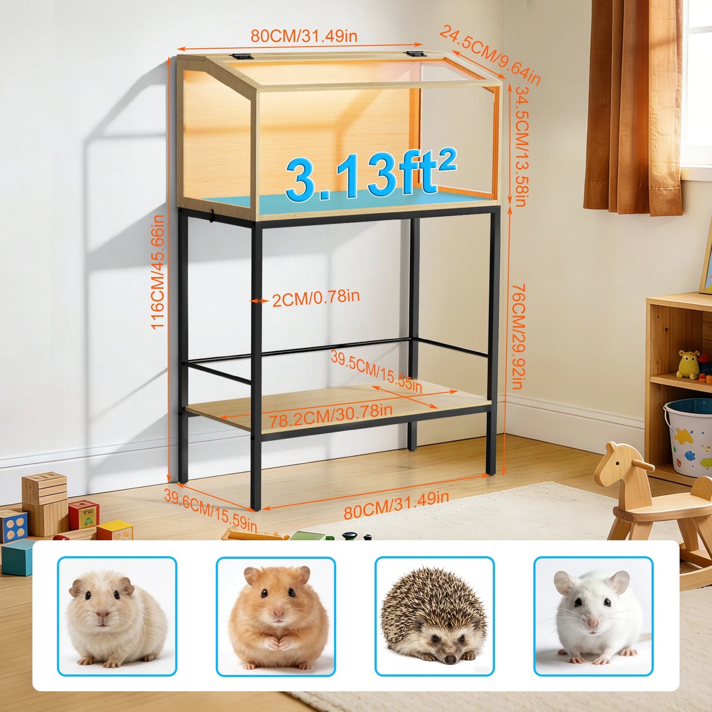 Large Wooden Hamster Cage Clear Tempered Glass Pet Small Animal Habitat Cage Playful Hutch House Built-in LED Light