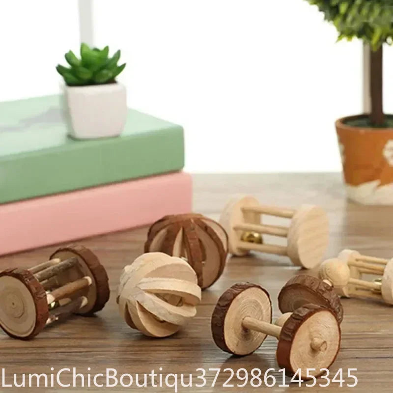 Cute Small Pet Chew Toy Natural Pine Wood Roller Dumbbell Unicycle With Bell Molar Play Toy For Rabbit Guinea Pig Rat Enrichment Supplies