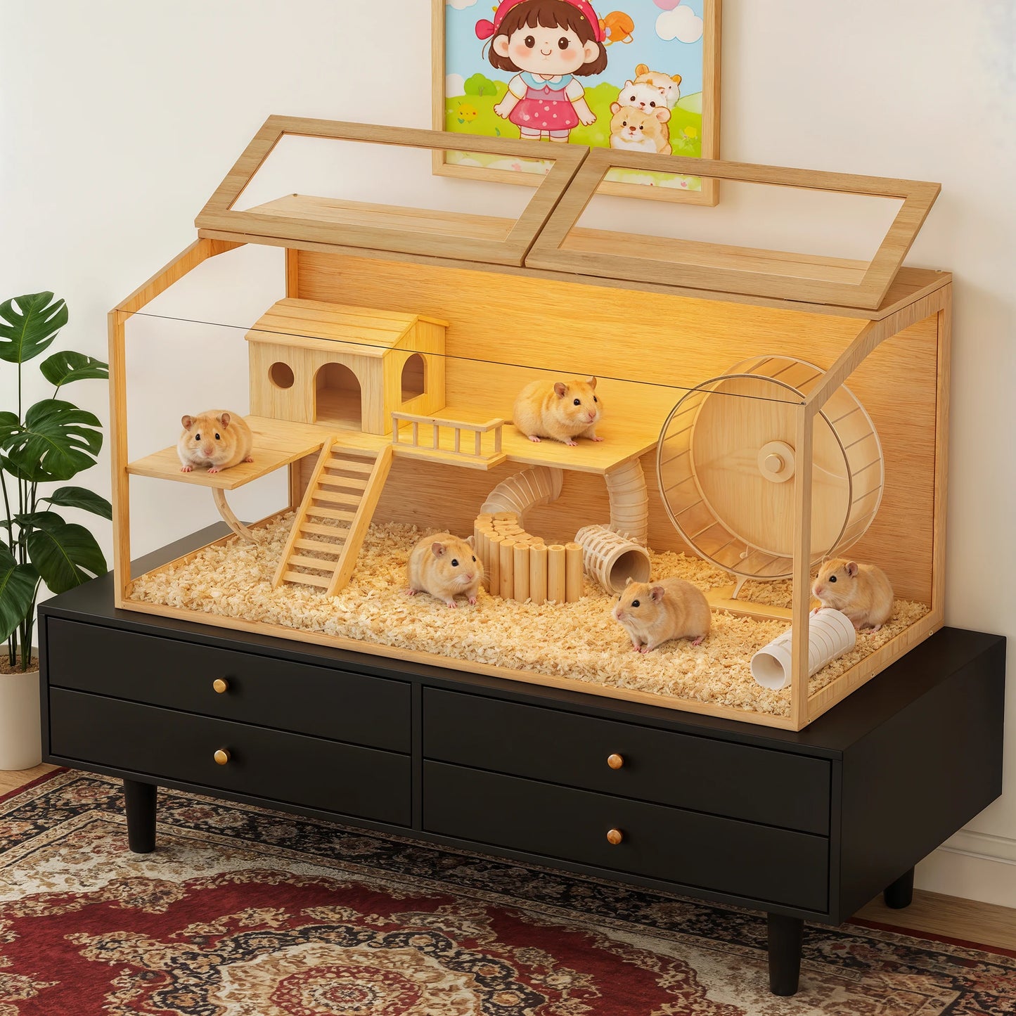 Large Wooden Hamster Cage Clear Tempered Glass Pet Small Animal Habitat Cage Playful Hutch House Built-in LED Light