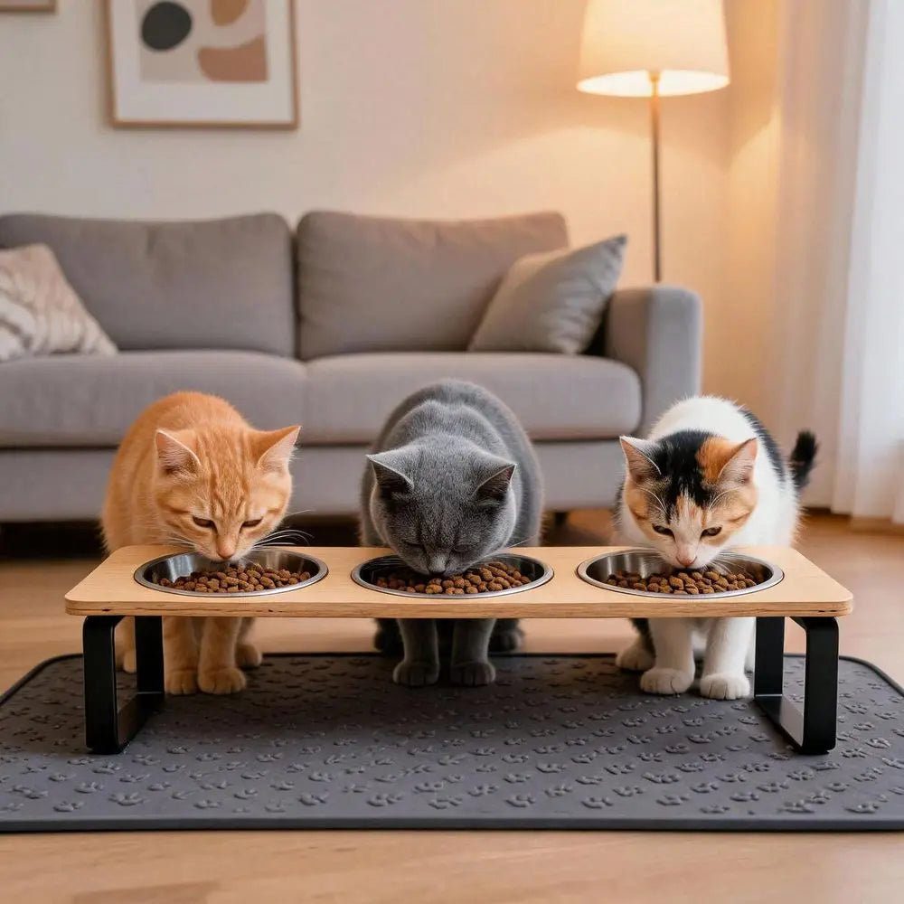 Cat Food Bowl And Mat, 3 Stainless Steel Raised Cat Bowls With Stand, 15Tilted Cat Bowl For Indoor Multiple Cats