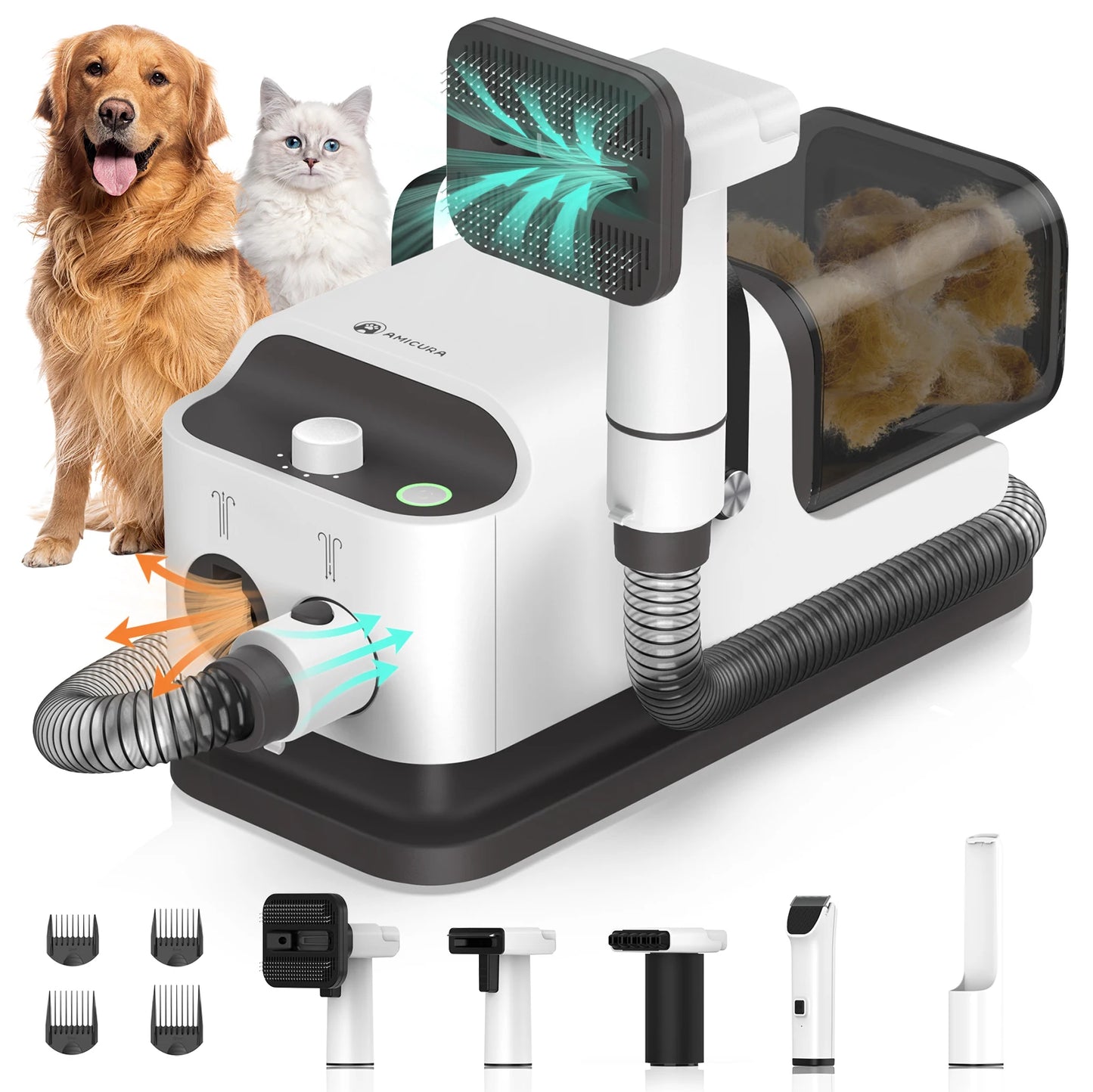 Amicura P1 Vacuum Cleaner & Hair Dryer & Trimmer, 15KPa Suction 600W Blowing, 3-in-1 Pet Grooming Set, Dog Cat Proven Care Tools