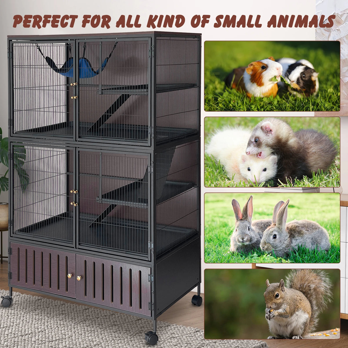 Spacious 5-Level Ferret Cage with Locker - 59"H Rolling Pet House for Guinea Pigs, Rabbits, Chinchillas, and More - Includes Removable Ramps, Double Doors, Hammock, Trays, Black
