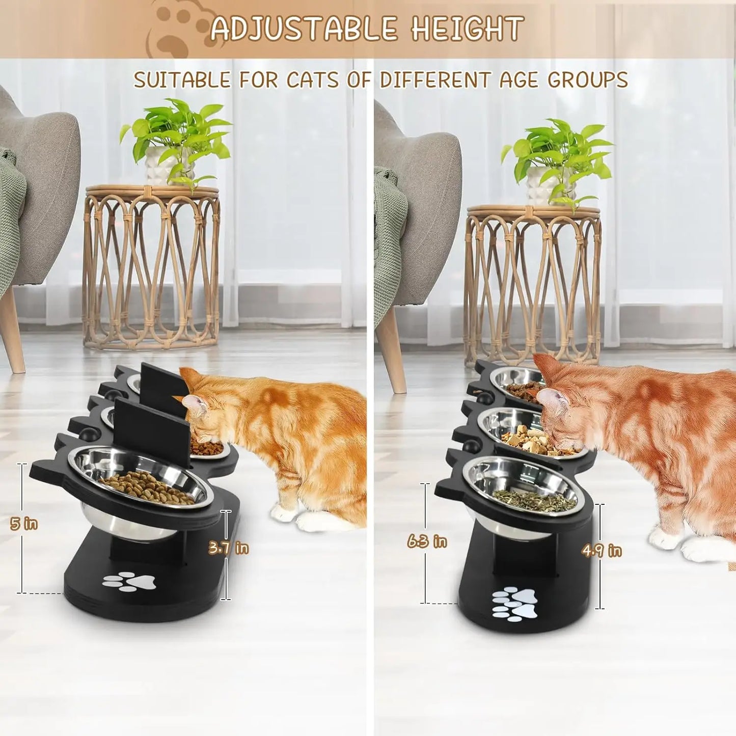 Cat Bowls Elevated, Raised Cat Food Bowls For Indoor Cats, Adjustable Heights Cat Food And Water Bowl With Black Shelf, 3 Stainless Steel Elevated Cat Bowls With 15°Tilted, Cat Dishes For Food And Water