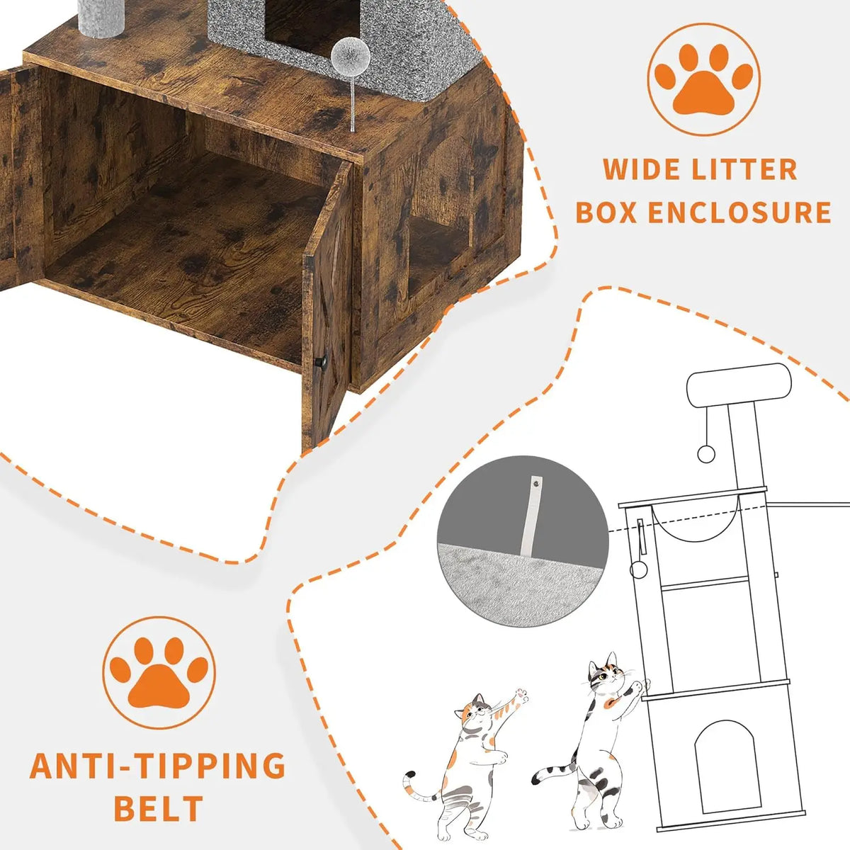 Cat Tree with Litter Box Enclosure Large, Multilevel Cat Play House with Large Condo, Spacious Hammock, Cozy Top Perch,Scratching Post and Dangling Balls,Wooden Cat Furniture for Indoor Cats,Brown