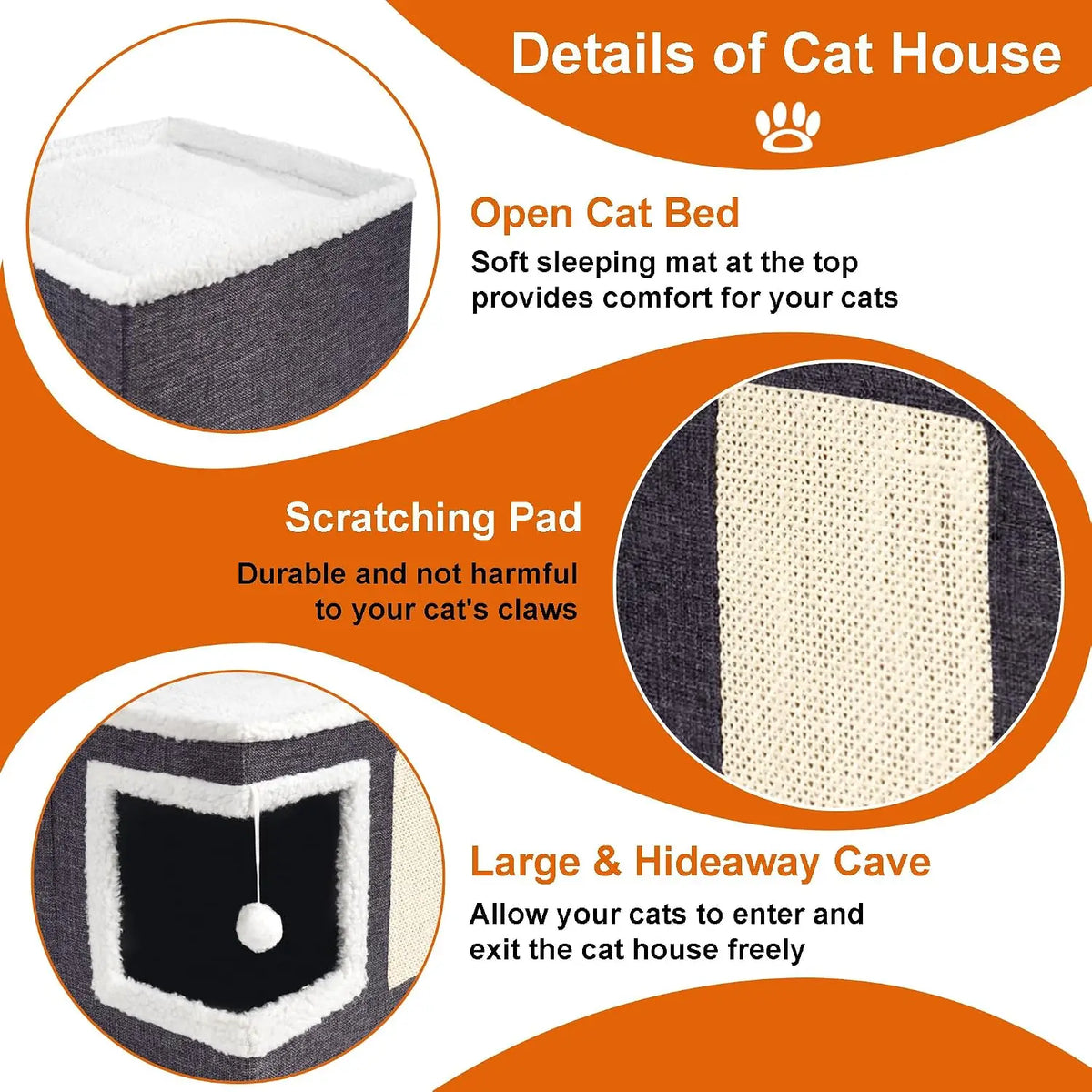 Loyareal Cat Houses for Indoor Cats - Large Cat Bed Cave with Scratch Pad and Fluffy Ball, Foldable Cat Condo Hideaway with Reversible Cushion for Multi Small Pet, Dark Grey