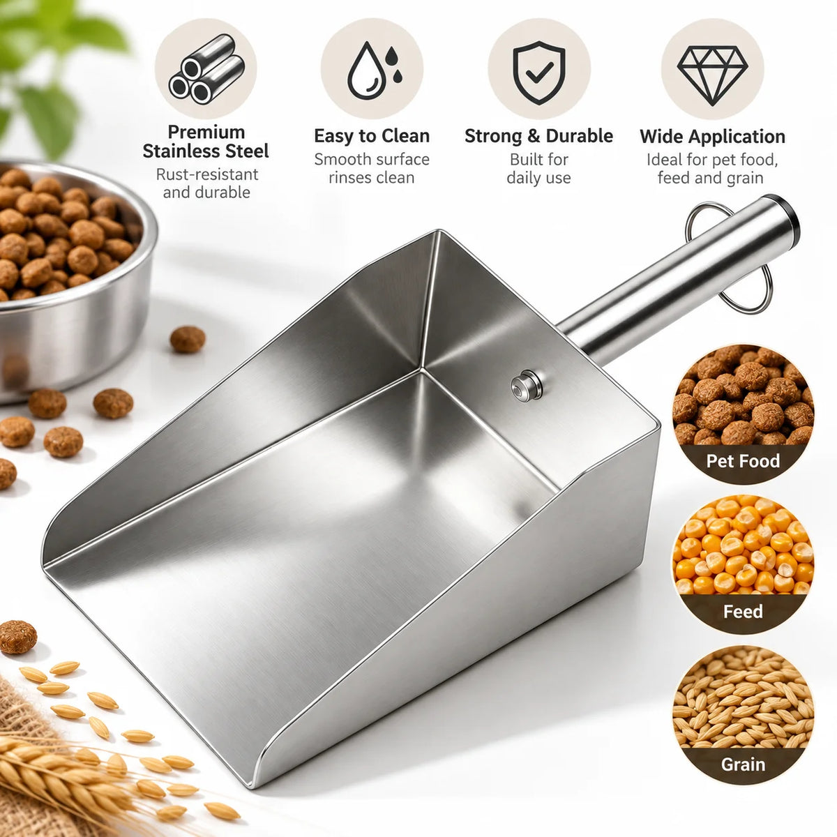 50oz Stainless Steel Dog Food Scoop, Pet Food Kibble Measuring Scoop for Cats, Puppies and Small Dogs.