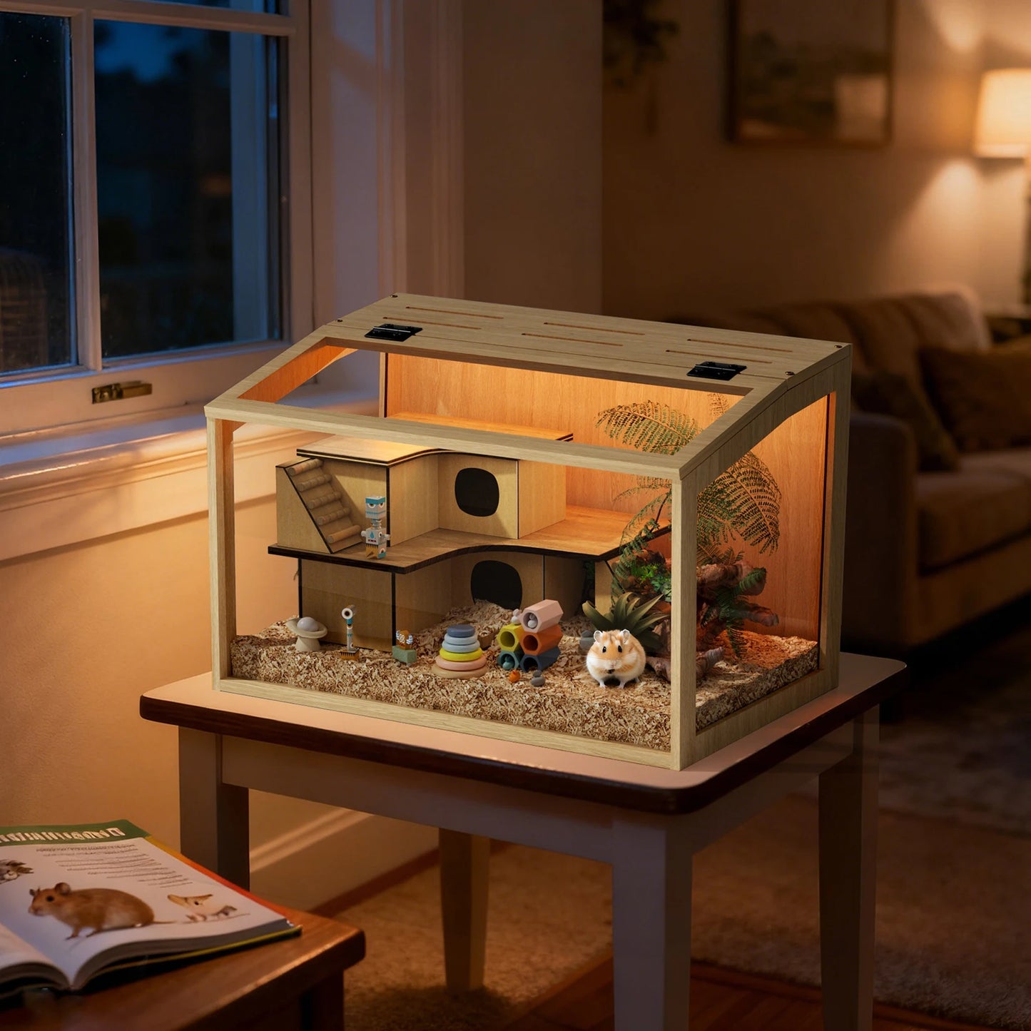 Large Wooden Hamster Cage Clear Tempered Glass Pet Small Animal Habitat Cage Playful Hutch House Built-in LED Light
