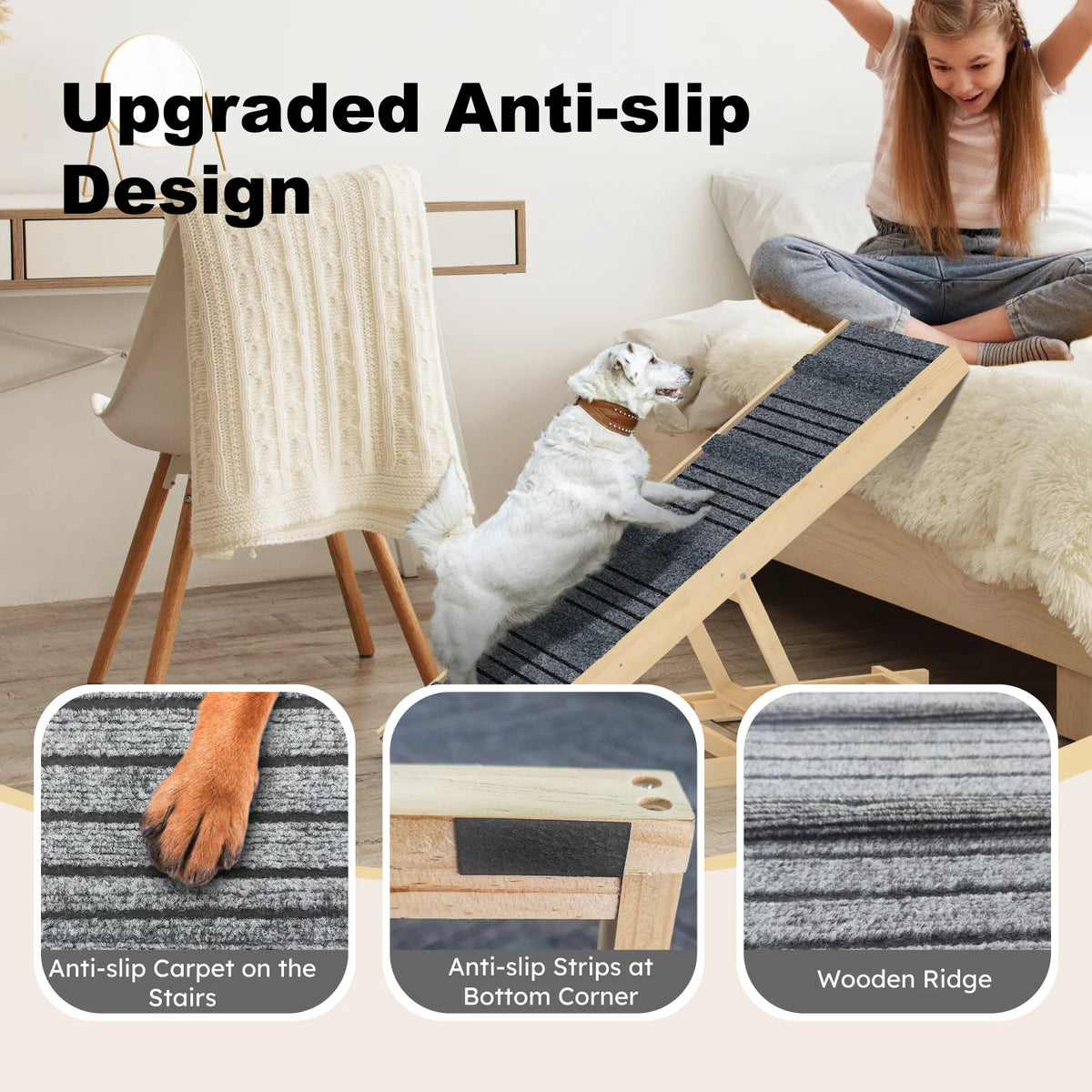 7-Height Adjustable Dog Ramp for Bed, Solid Wood Folding Pet Ramp with Anti-Slip Carpet Surface, No Assembly, Supports 150 lbs