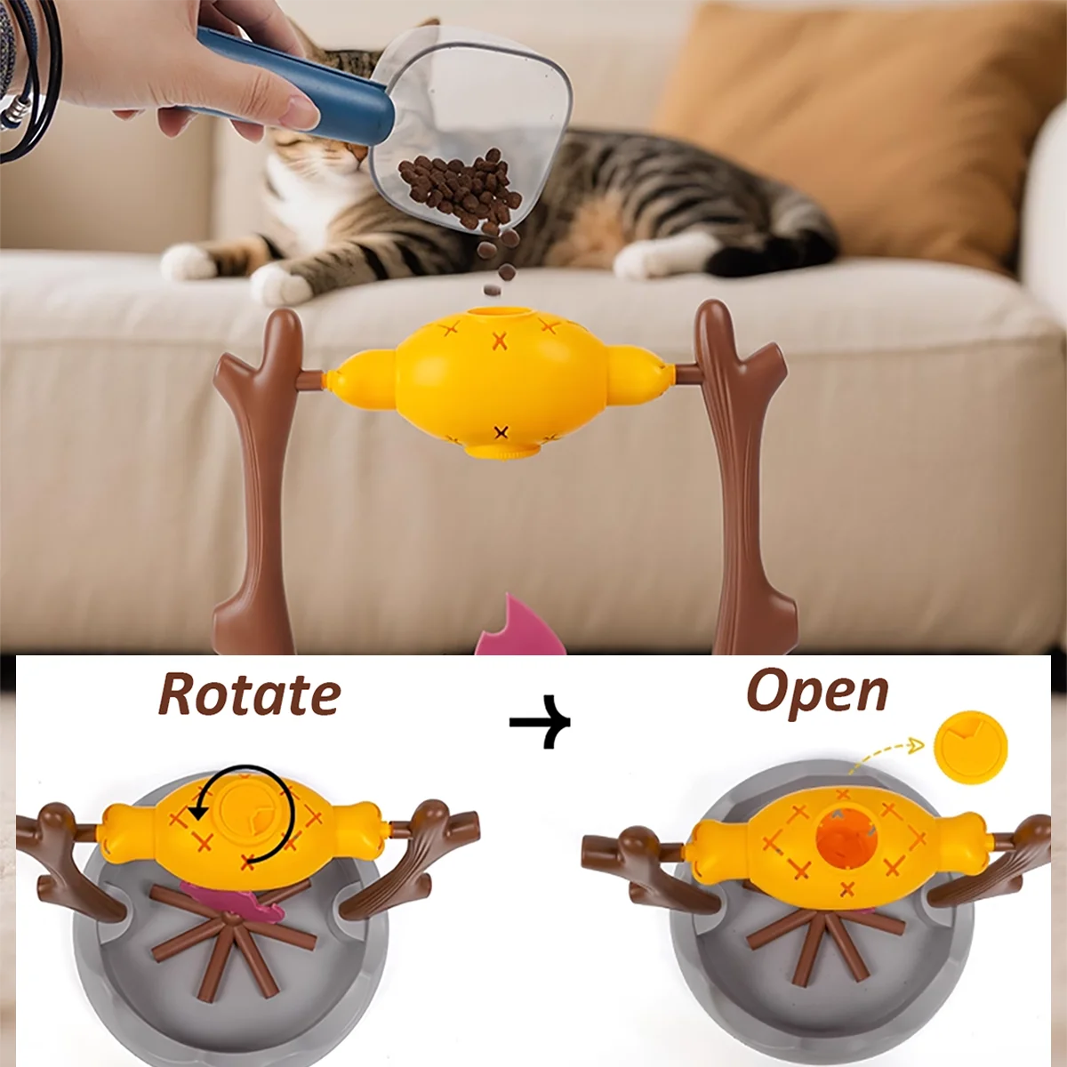 Campfire BBQ Interactive Cat Toy, Rolling Treat Dispenser Food Leak Chew Puzzle Toy for Kittens & Cats Pet Christmas Holiday Gift