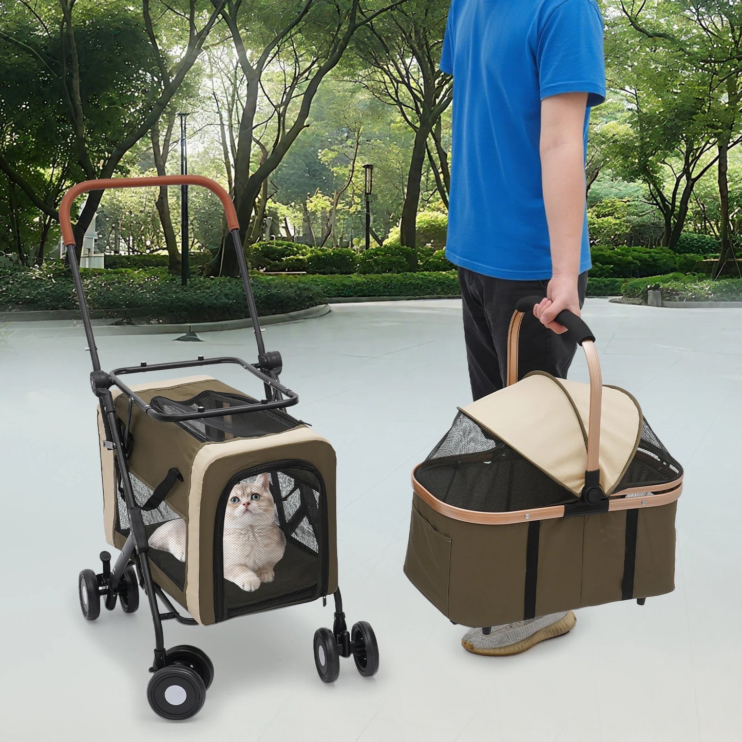 Foldable Pet Stroller for Small/Medium Pets—18.1x22.8x38.2in, 2-Tier Design+Safety Locks, Sunshade+Cushions, Ideal for Travel