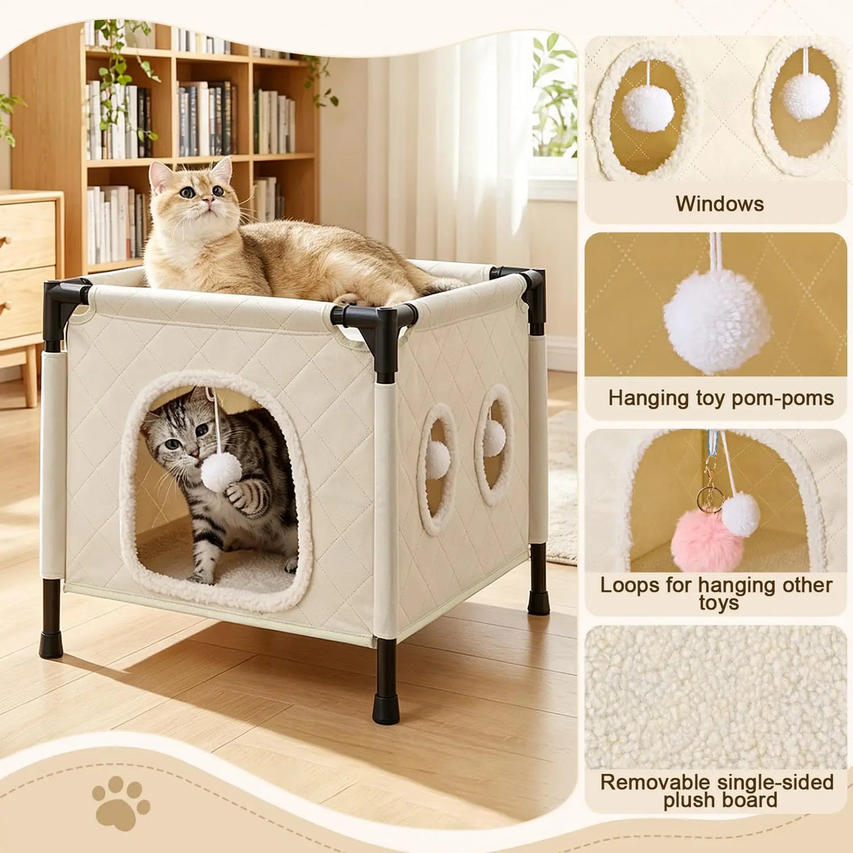 SlowTon Cat Houses for Indoor Cats, Covered Cat Bed Cave Hideaway, Beige, M