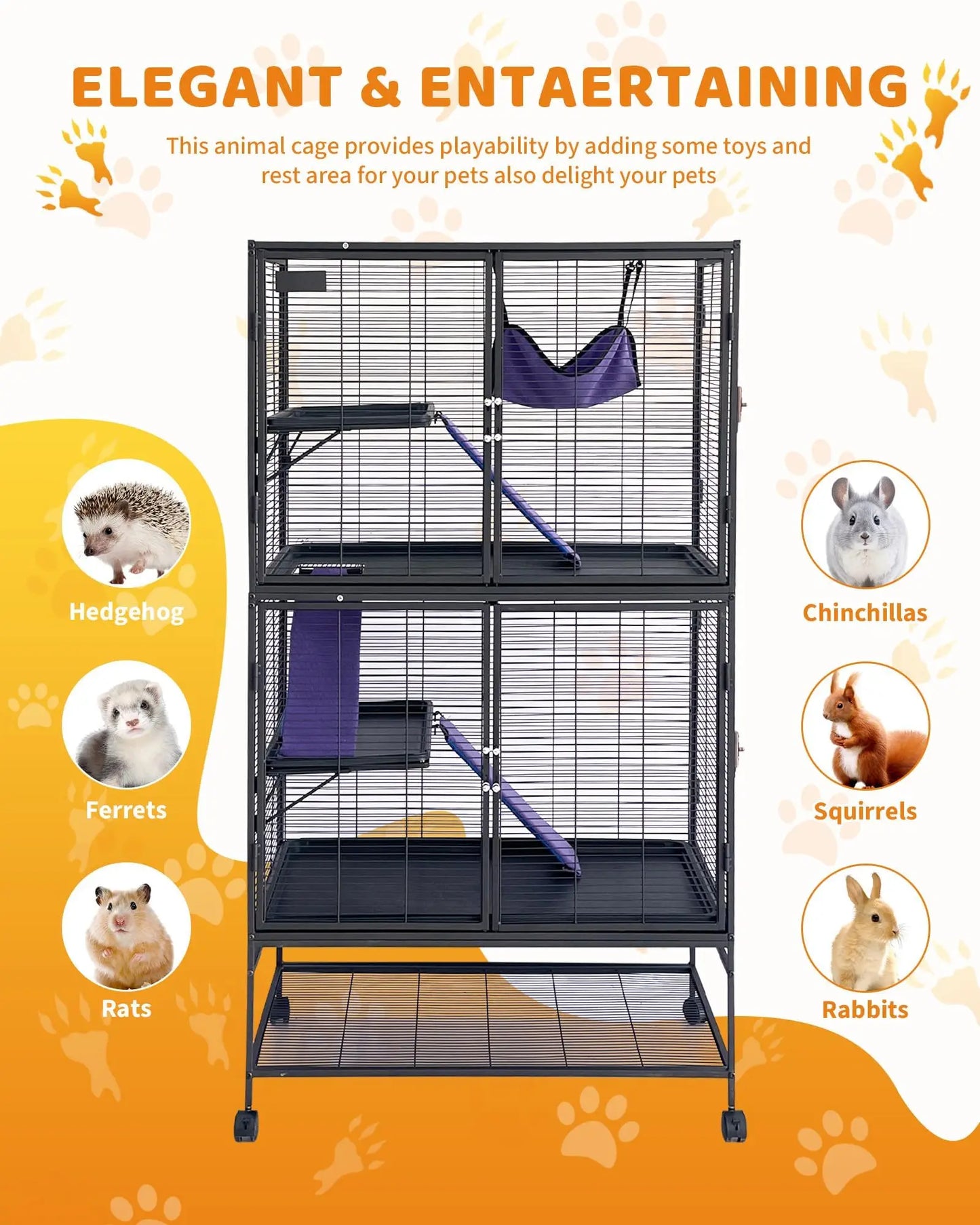 Large 4-Tier Metal Ferret Cage, 64" H Small Animal Habitat with Ramp, Hammock, Storage Stand & Removable Tray, Heavy-Duty Easy Clean Cage for Chinchilla, Sugar Glider, Hamster, Rat