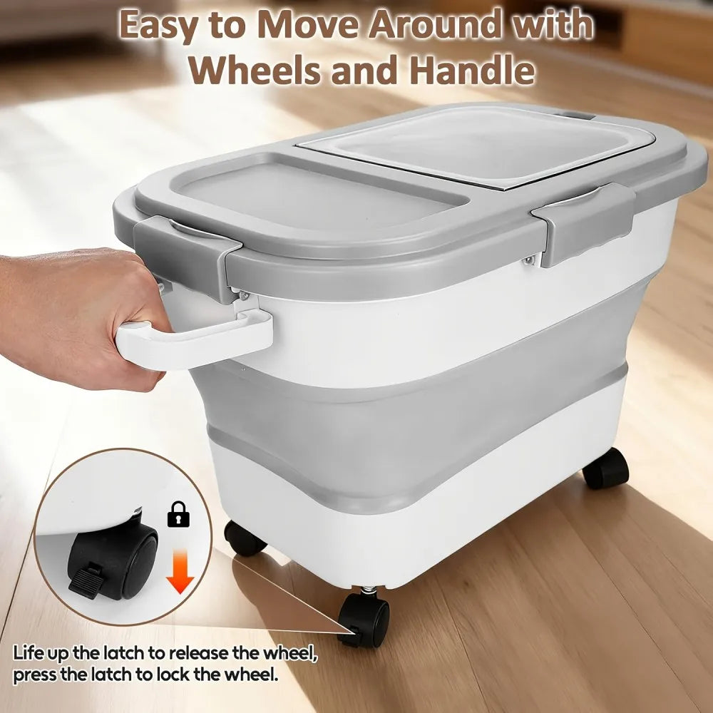 3Lbs Collapsible Pet Food Storage Container with Airtight Lid, Dog Food Storage Container with Measuring Scoop And Cup, Wheels & Handle for Easy Moving, Keep Dry Food Fresh