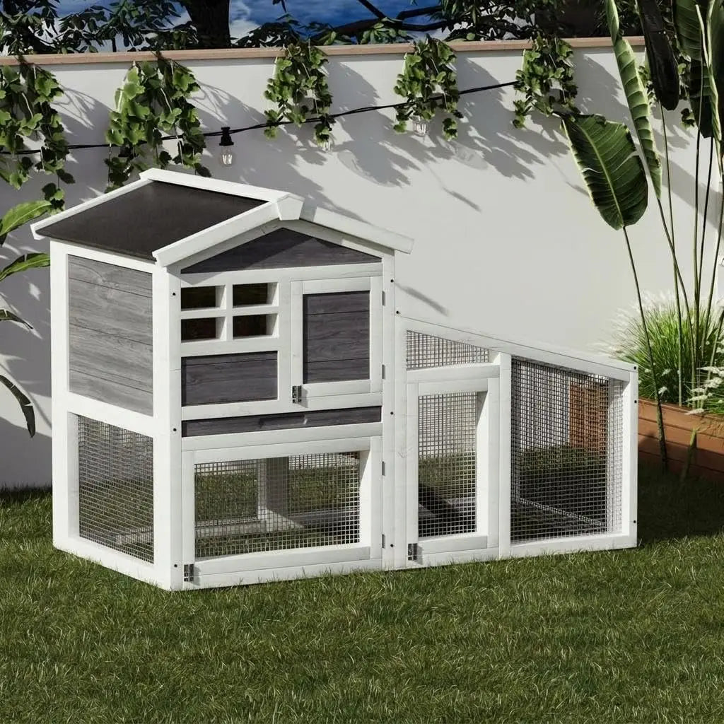 54 Inch 2 Tier Wooden Rabbit Hutch For Indoor And Outdoor Use Weatherproof Roof Anti Slip Ramp Removable Tray Ideal Small Pet House For Rabbits Guinea Pigs Chickens Grey