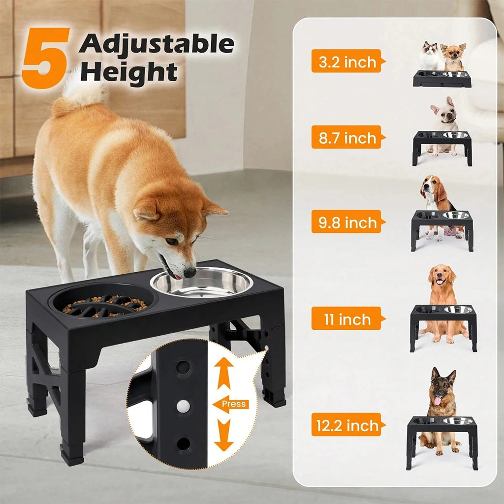 Adjustable Elevated Dog Feeder, 4‑Height Raised Dog Bowl Stand with Slow Feeder & Double Stainless Steel Food Water Bowls, Neck Joint Protection Ergonomic Pet Feeding Station for Small Medium Large Dogs