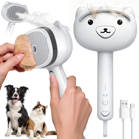 Self Cleaning Shedding Steam Cat Brush, Silicone Scraper Included Dog Brush, primecat, Cat Brushes for Shedding, USB Rechargeable, for Grooming & Haired Pets, Dogs & Cats, White
