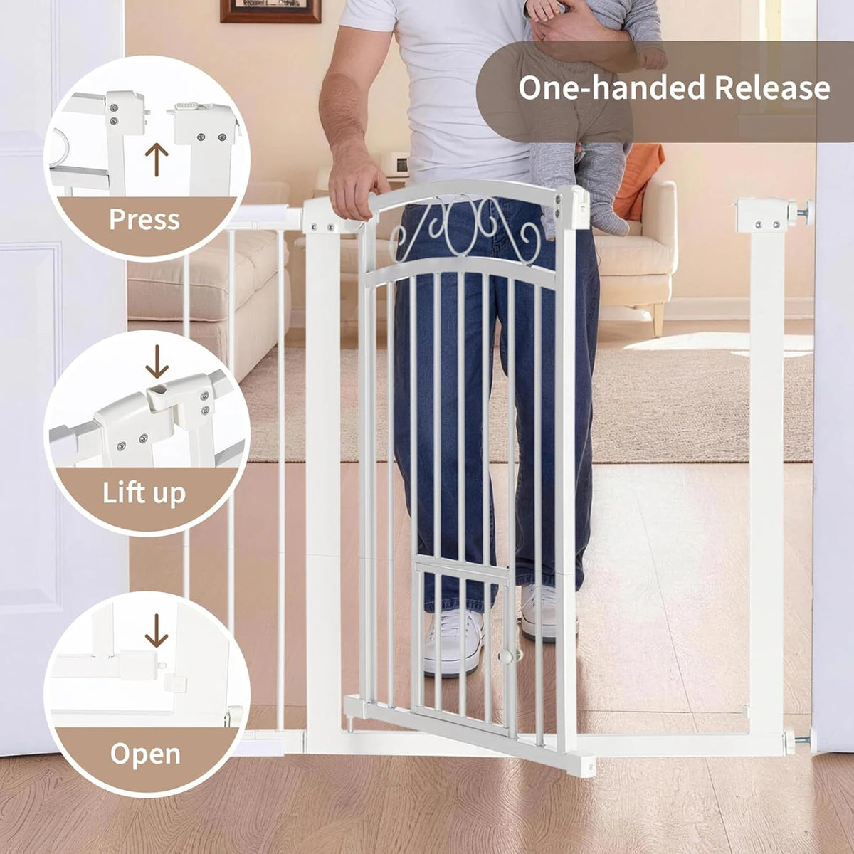 30-41 Inch Pressure Mount Dog Gate, 30in Tall Auto-Close Pet Gate, Double Lock Walk-Through Steel Barrier For Doorways & Stairs
