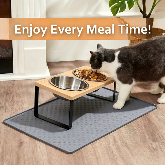 Elevated Cat Bowls 15° Tilted Raised Cat Food Bowls with Wooden Stand Anti Vomiting 2 Stainless Steel Bowls and Mat Set for Cats Puppy