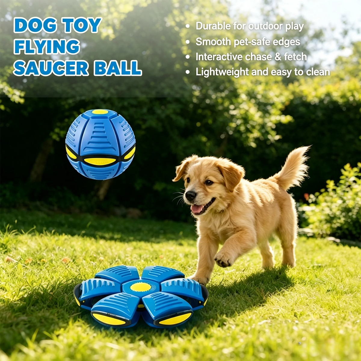 Six-Light Dual-Mode Magical Transforming Pet Bouncy Ball, UFO-Shaped Ball, Durable Dog Interactive Training and Play Toy, Blue and Red
