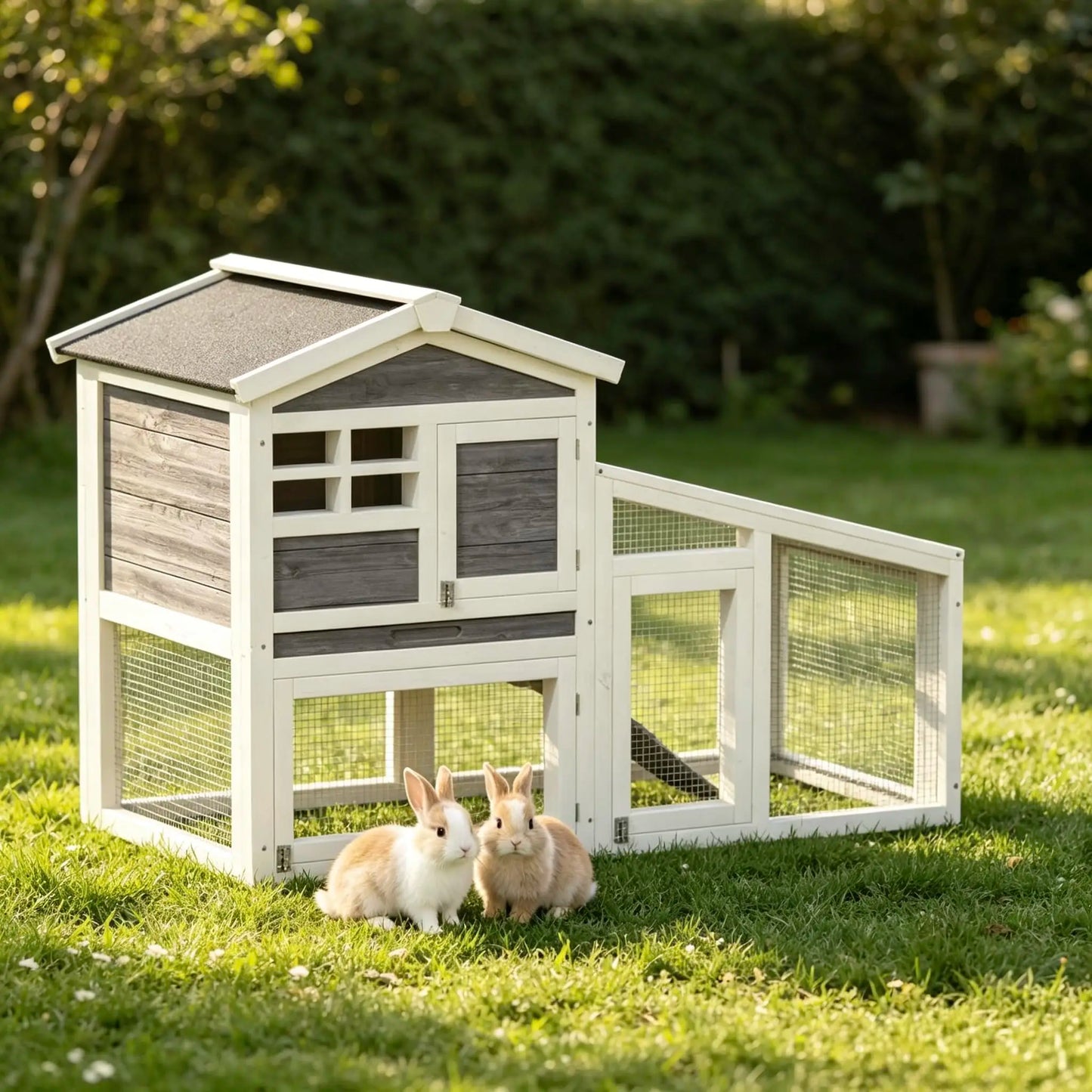 54 Inch 2 Tier Wooden Rabbit Hutch For Indoor And Outdoor Use Weatherproof Roof Anti Slip Ramp Removable Tray Ideal Small Pet House For Rabbits Guinea Pigs Chickens Grey