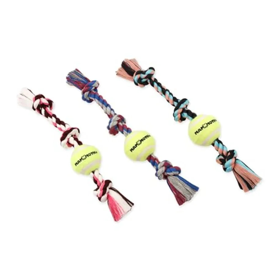 Mammoth Flossy Chews Color 3 Knot Tug w/Standard Tennis Ball Premium Cotton-Poly Tug Toy for Dogs, Interactive Rope Dog Toy for