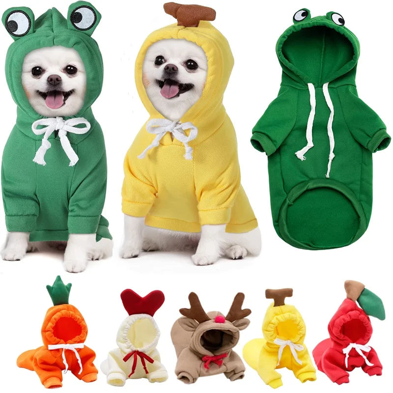 Cute Cartoon Fruit Frog Banana Carrot Pet Hoodie, Winter Warm Fleece Dog Clothes, Funny Cosplay Costume for Small Puppy Cat, Outfit for Chihuahua French Bulldog