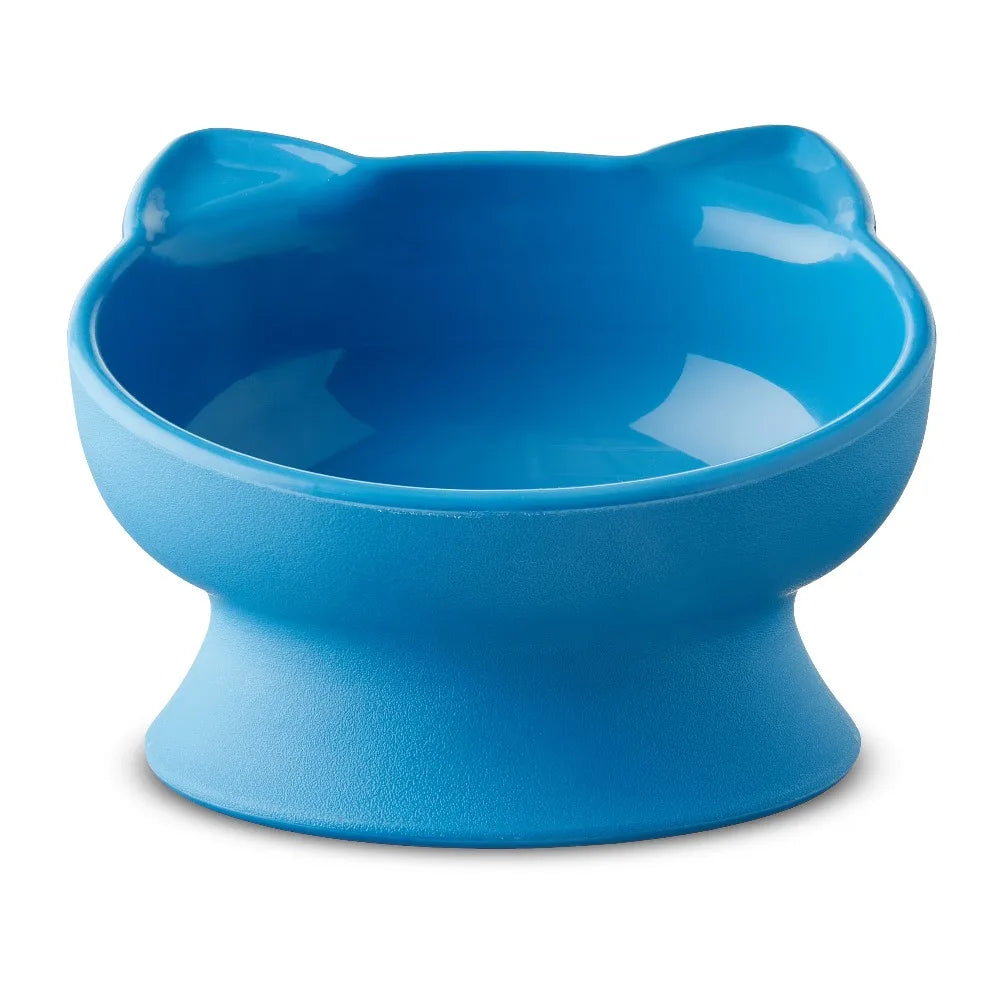 Elevated Cat Bowl with Ears Design Pet Food Water Feeder Dish Anti Vomit Slow Eating 0.8 Cup Capacity Blue Plastic Cute Bowls for Cats and Small Dogs