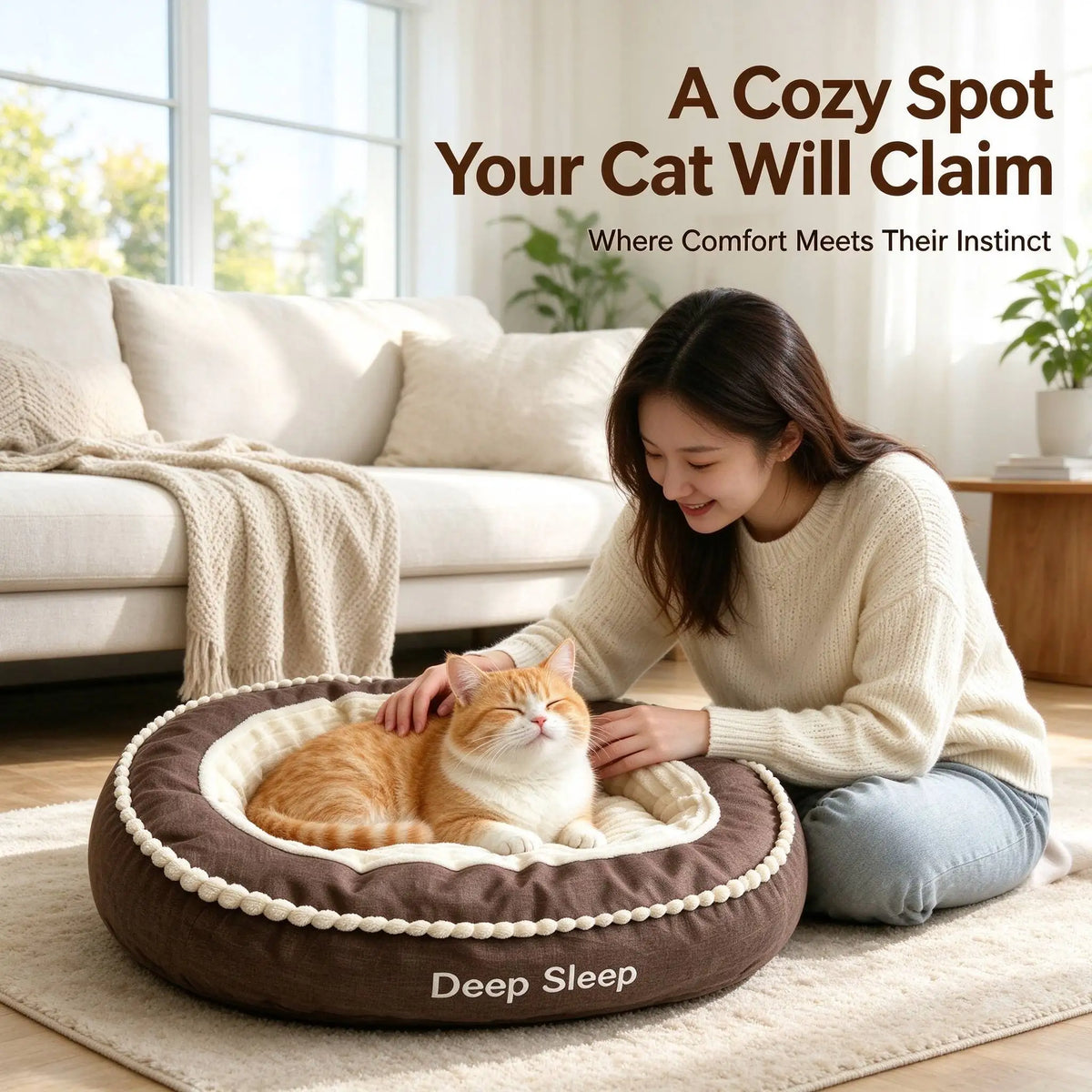 Round Donut Cat Bed, Deep Sleep Calming Cat Cushion with Raised Rim, Non Slip Bottom PetSleeping Bed for Kitten Adult Cats, Indoor Bedroom Living Room Use, Multiple Sizes